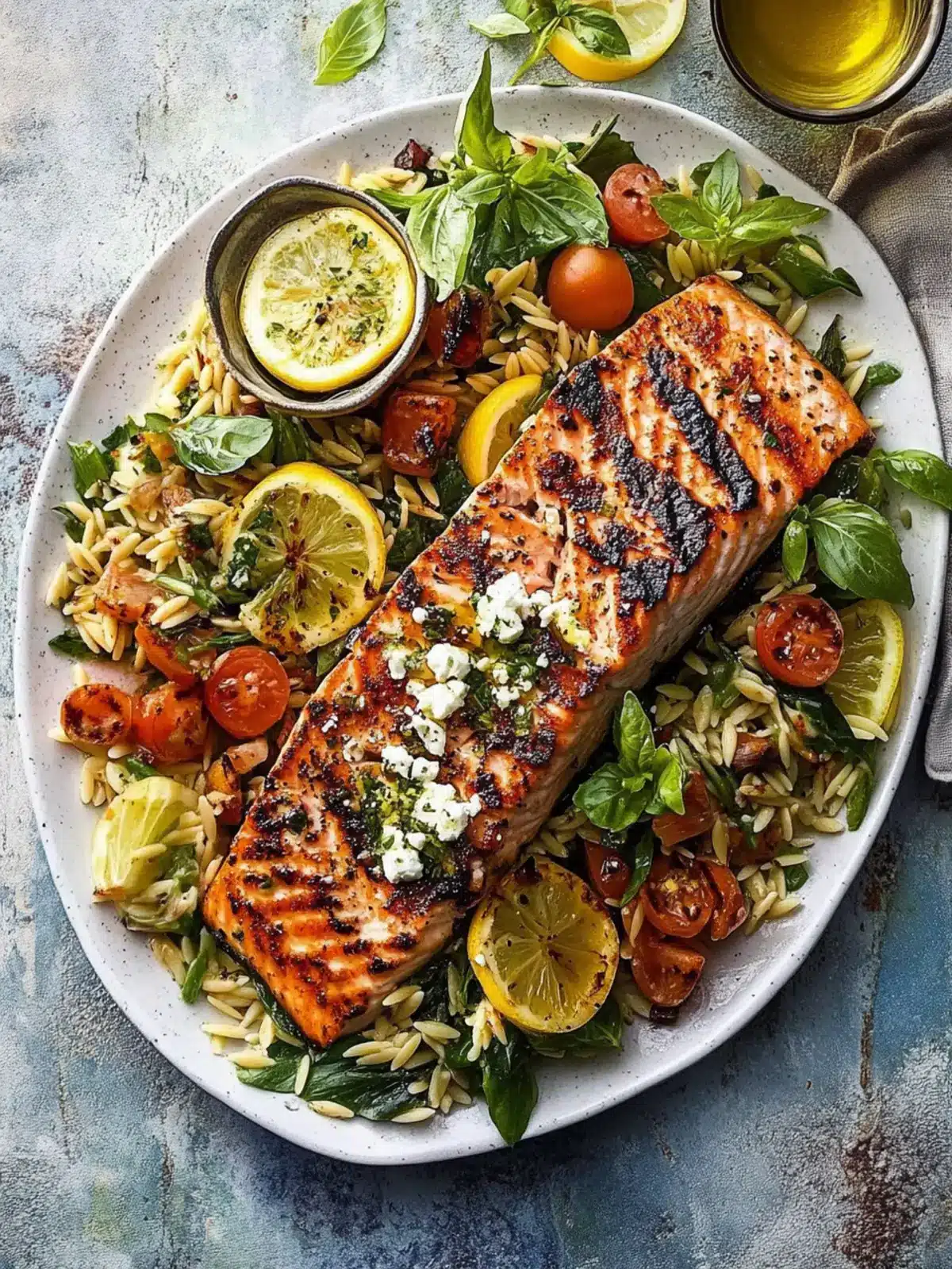 Greek Salmon with Lemon Feta and Orzo Summer Salad