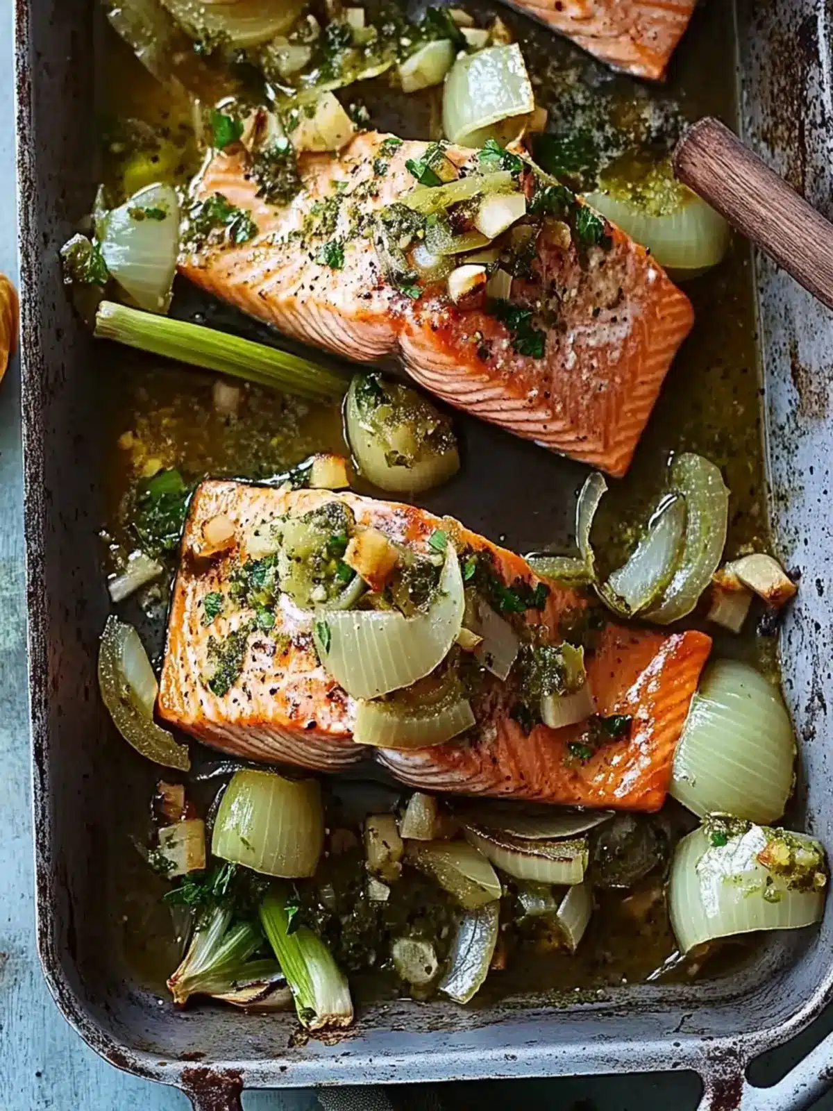 One-pan roast salmon with leeks, onions & parsley dressing- Valentine's Day Dinner Recipe