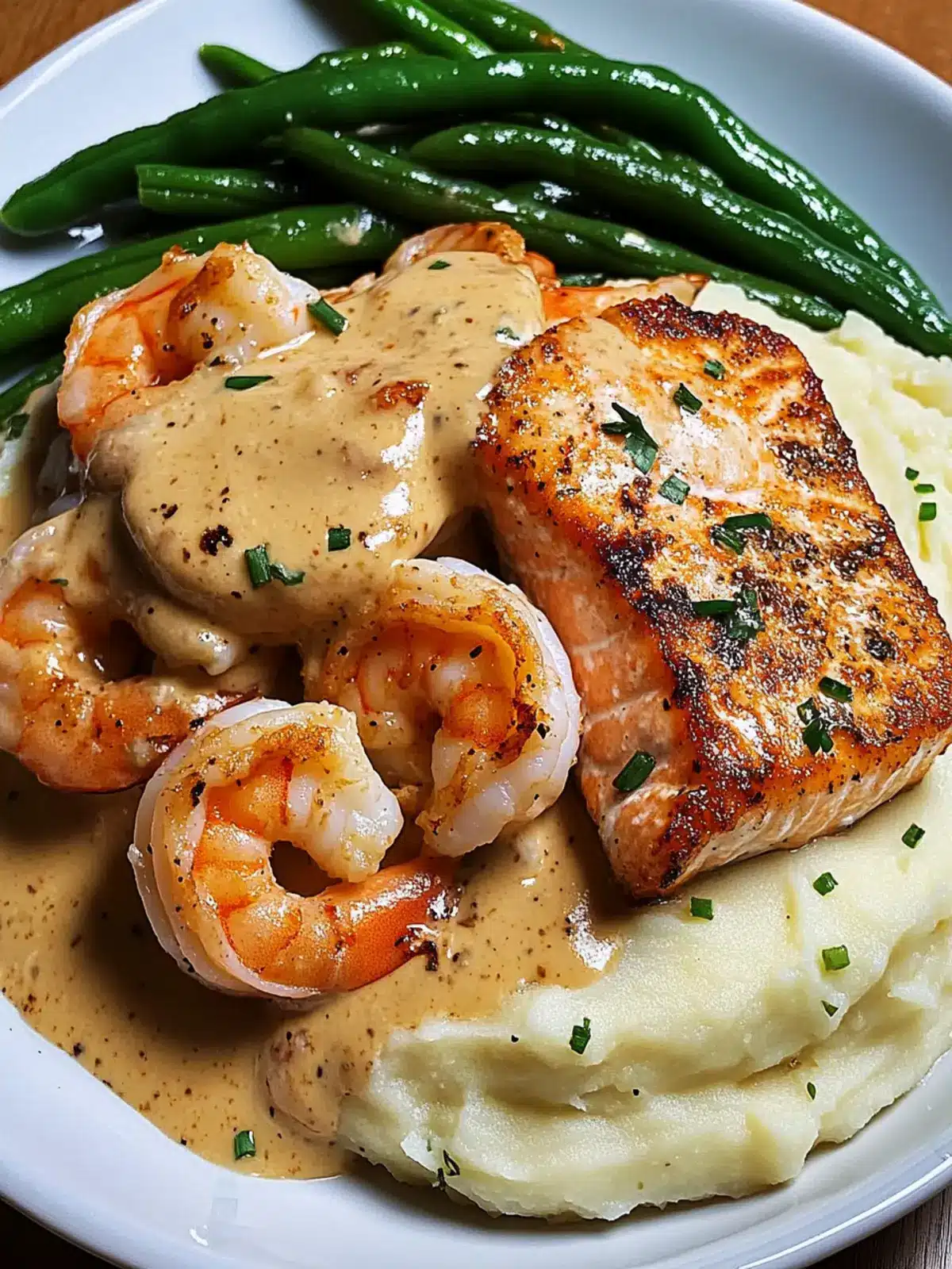 Cajun Shrimp and Salmon in Garlic Cream Sauce: Impress Tonight! 4 Cajun Shrimp and Salmon with Garlic Cream Sauce, Mashed Potatoes, and Green Beans: A Flavor-Packed Dinner to Impress