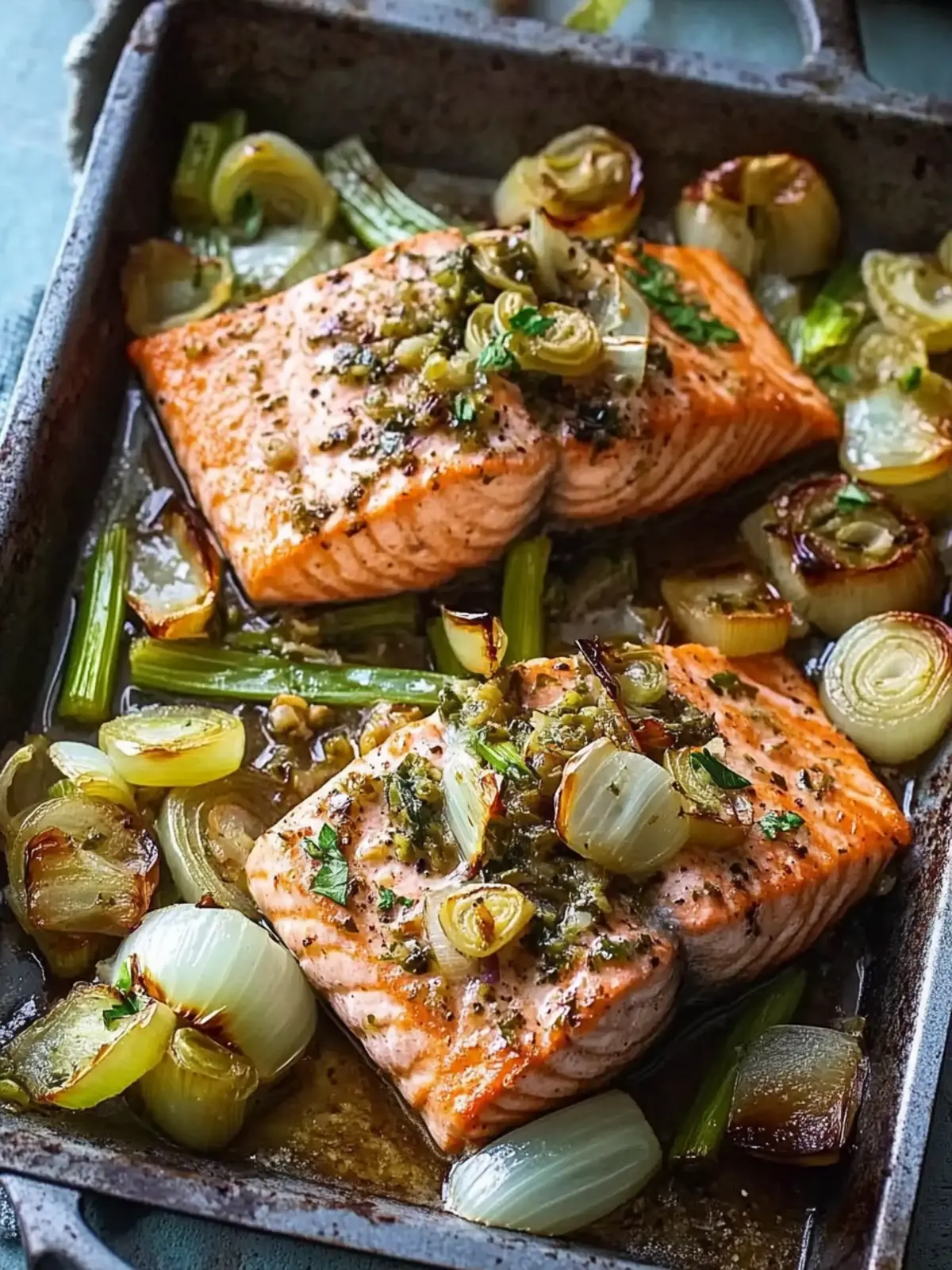 One-pan roast salmon with leeks, onions & parsley dressing- Valentine's Day Dinner Recipe
