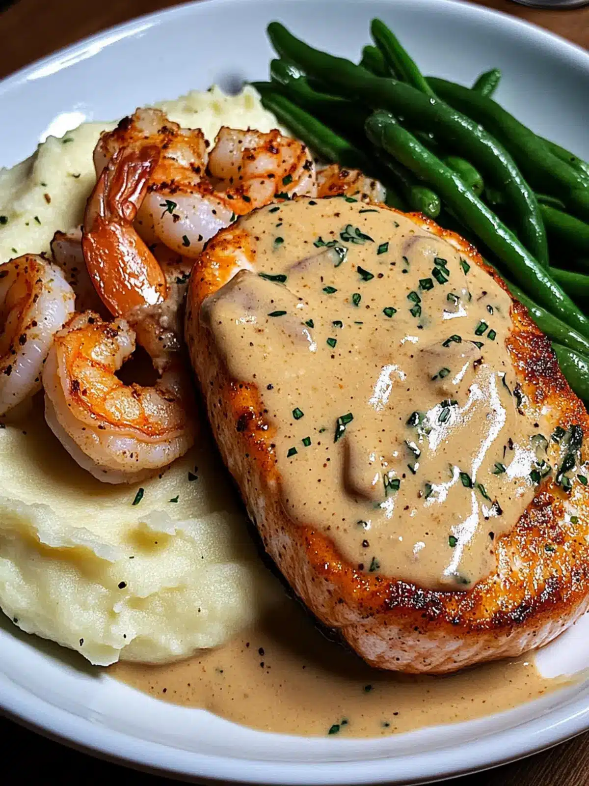 Cajun Shrimp and Salmon in Garlic Cream Sauce: Impress Tonight! 2 Cajun Shrimp and Salmon with Garlic Cream Sauce, Mashed Potatoes, and Green Beans: A Flavor-Packed Dinner to Impress