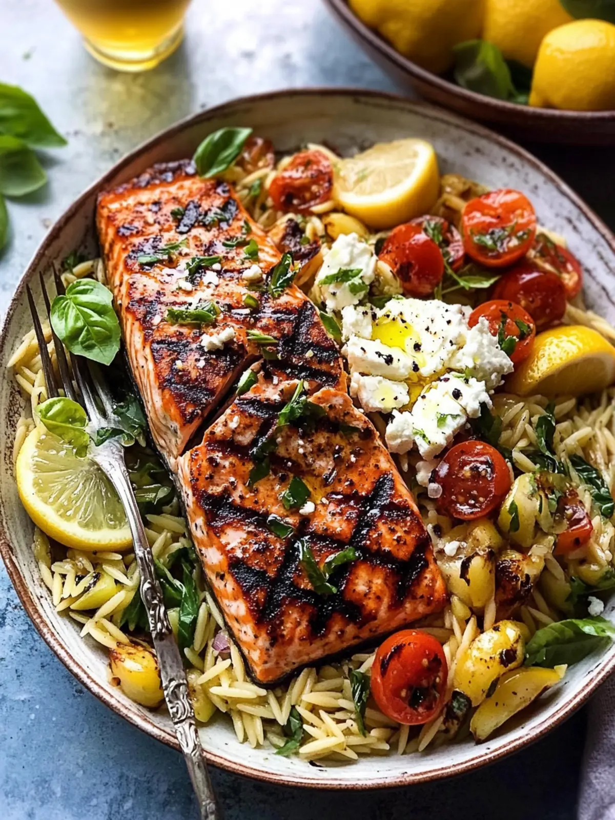 Greek Salmon with Lemon Feta and Orzo Summer Salad