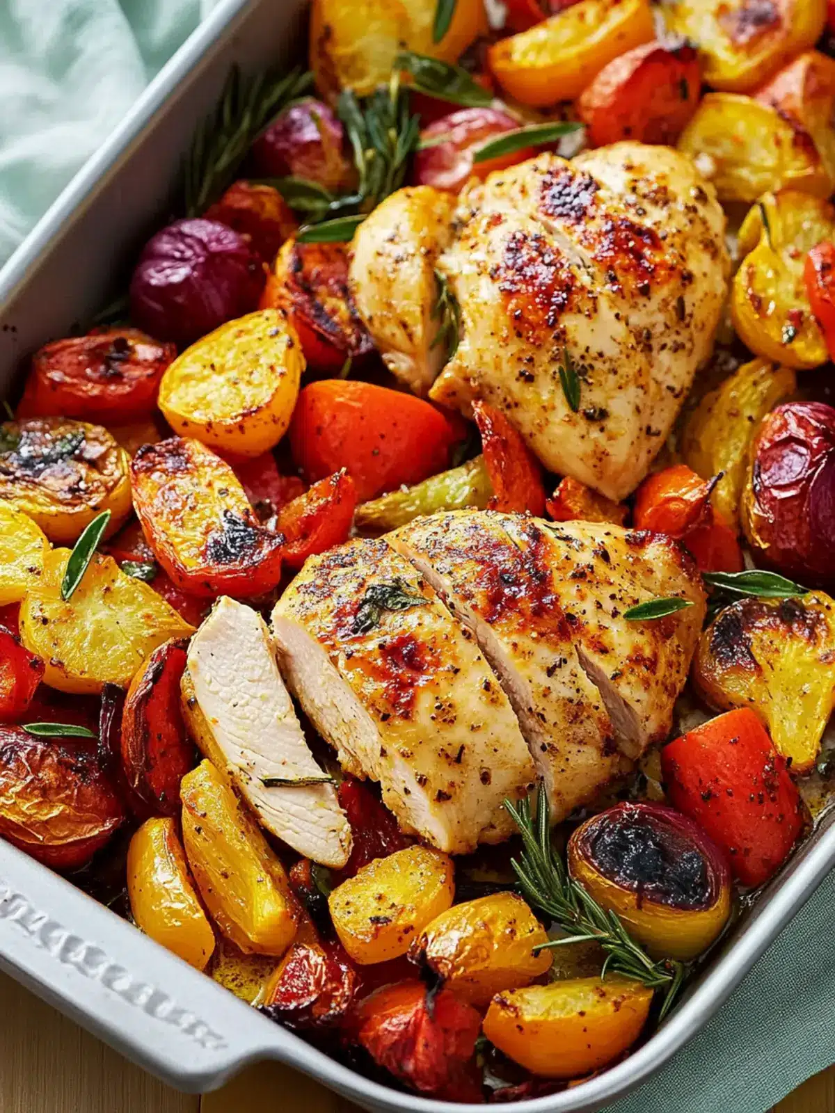 Sheet pan chicken on colorful roasted vegetables