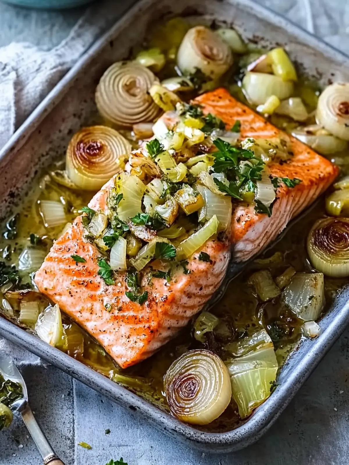 One-pan roast salmon with leeks, onions & parsley dressing- Valentine's Day Dinner Recipe