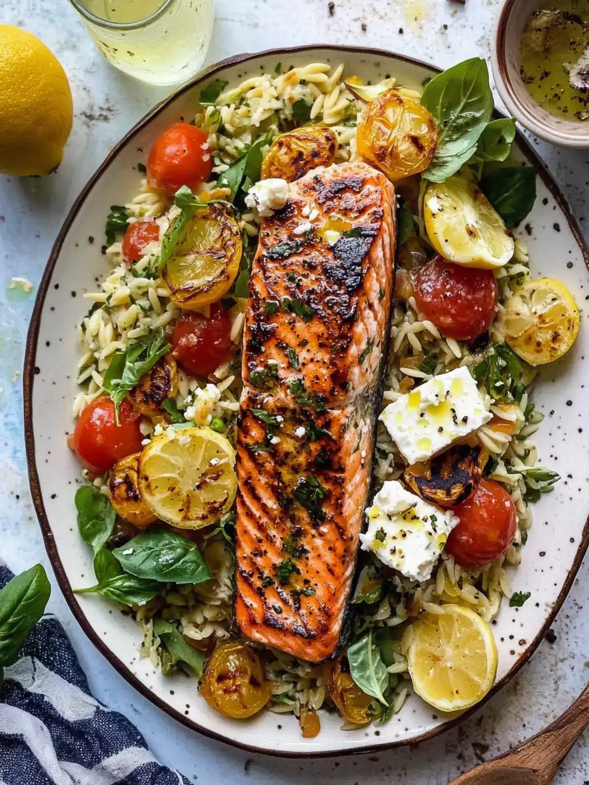 Greek Salmon with Lemon Feta and Orzo Summer Salad