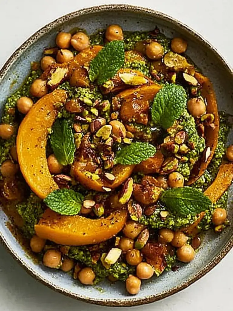 Maple-Roasted Squash and Chickpeas With Mint-Pistachio Pesto