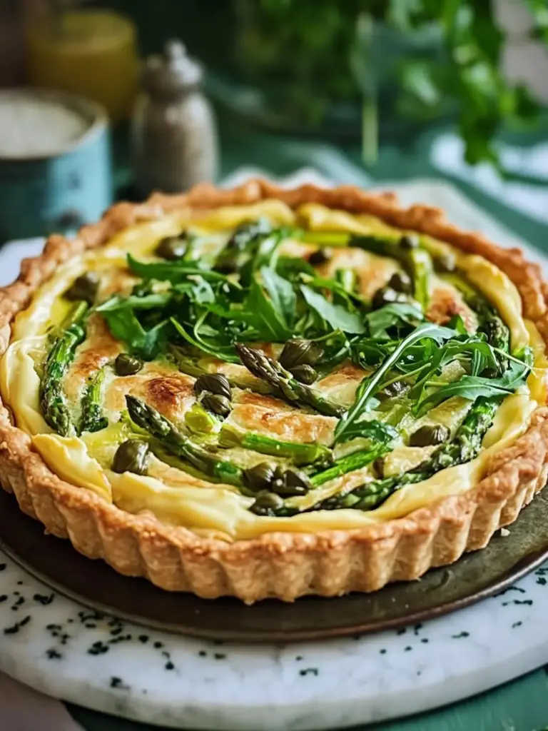 Asparagus, rocket, caper & hollandaise tart