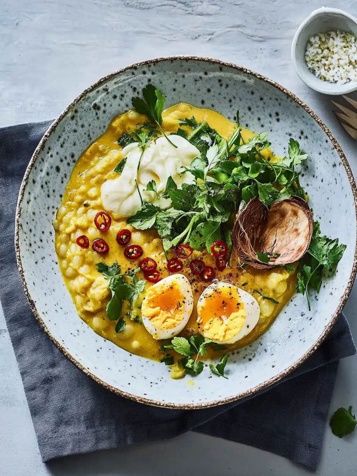 Coconut-chilli eggs with dahl