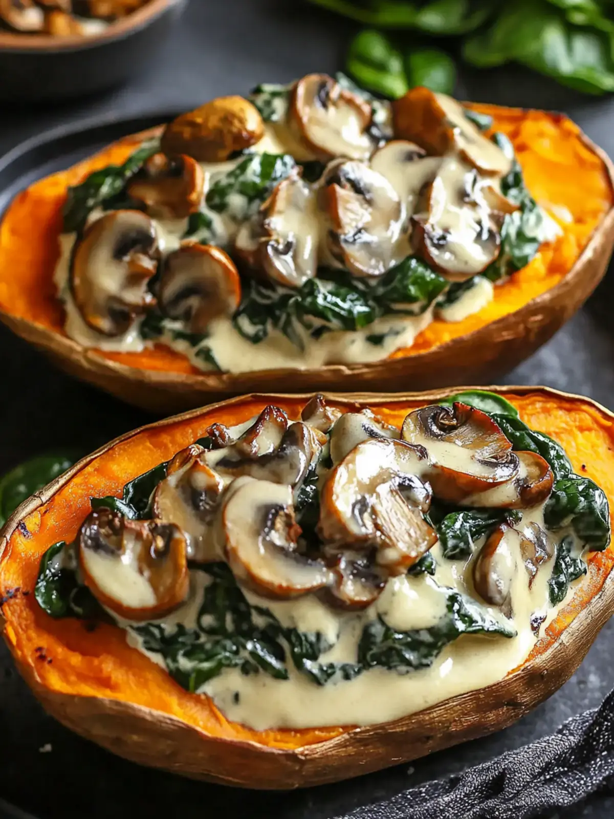 Amazing Creamy Mushroom and Spinach Stuffed Sweet Potatoes Delight 4 Amazing Creamy Mushroom and Spinach Stuffed Sweet Potatoes