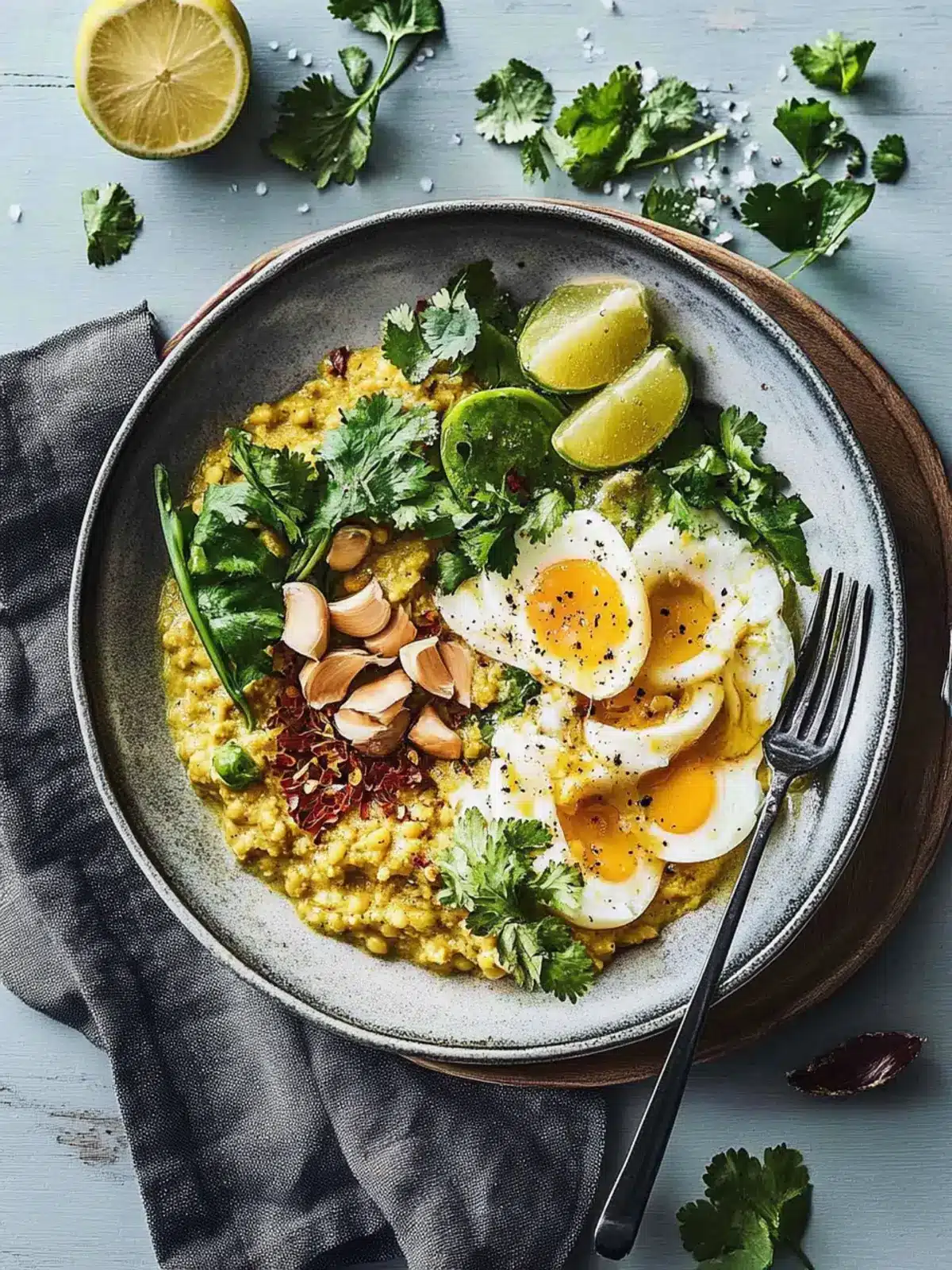 Coconut-chilli eggs with dahl