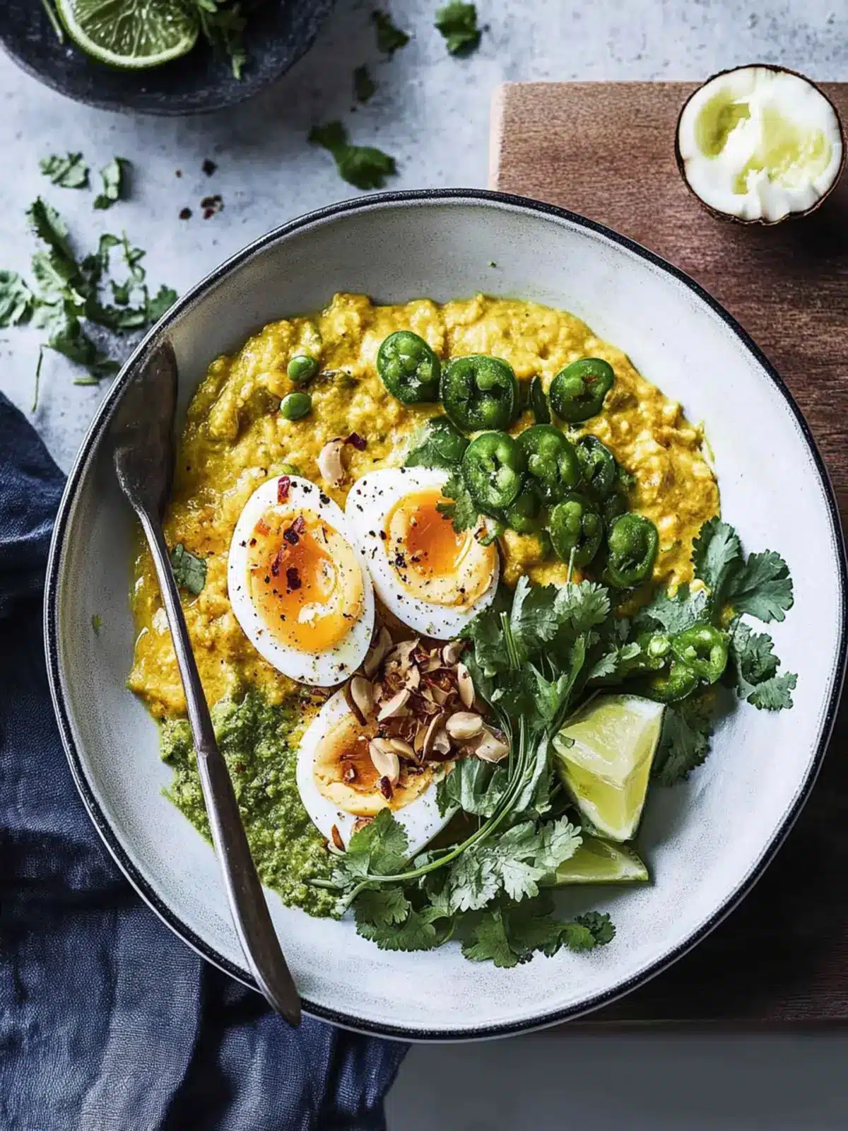 Coconut-chilli eggs with dahl