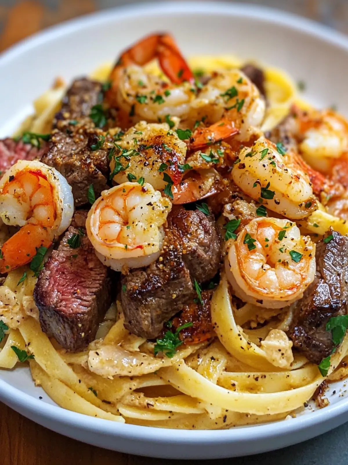 Garlic Butter Steak & Shrimp Pasta