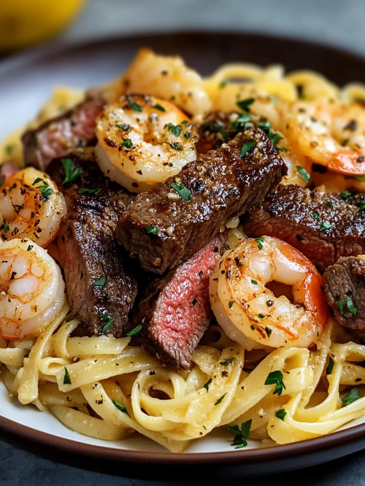 Garlic Butter Steak & Shrimp Pasta