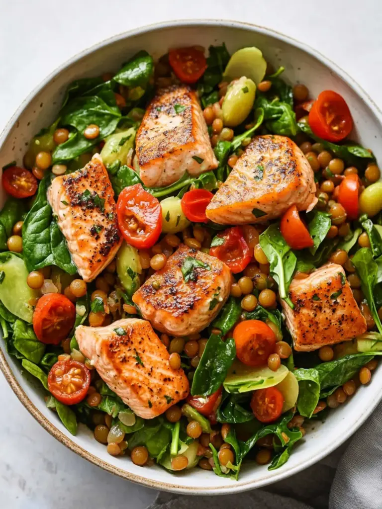 One-Pot Salmon, Spinach and Lentil Salad
