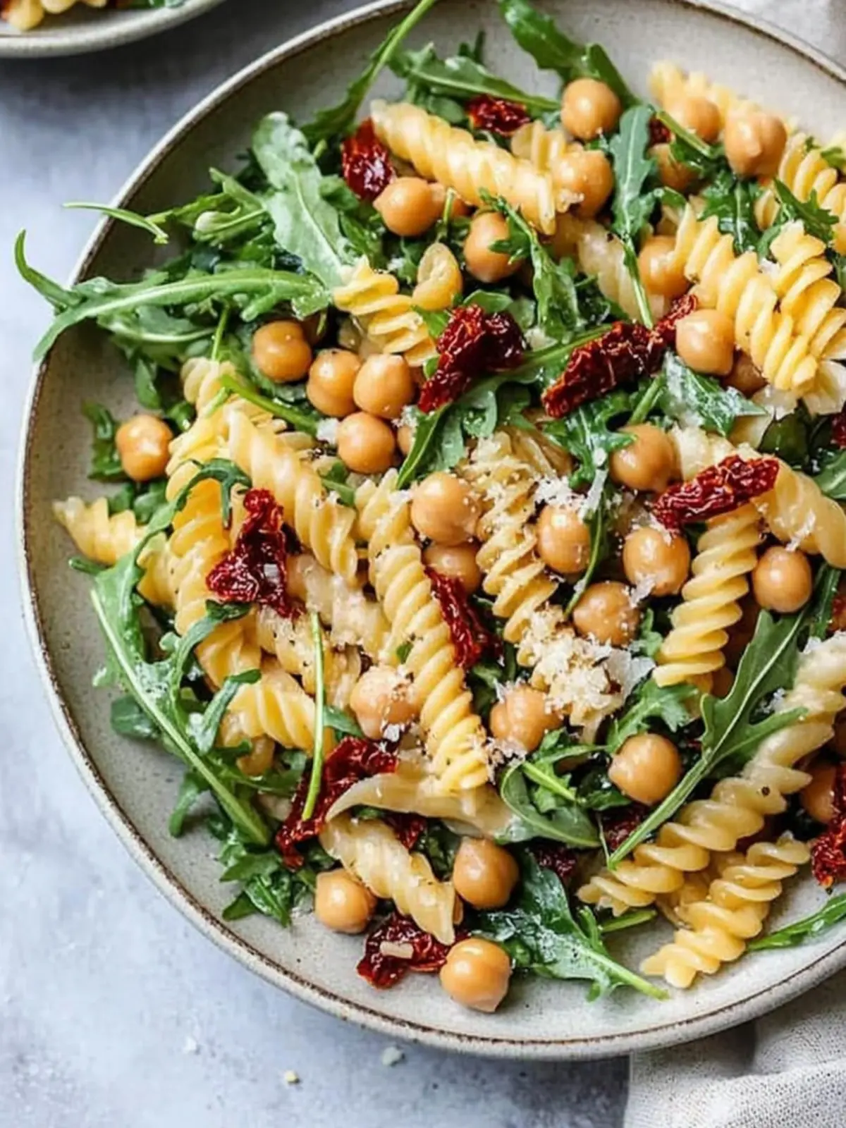 Arugula Pasta Salad with Chickpeas and Sun Dried Tomatoes (no mayo)
