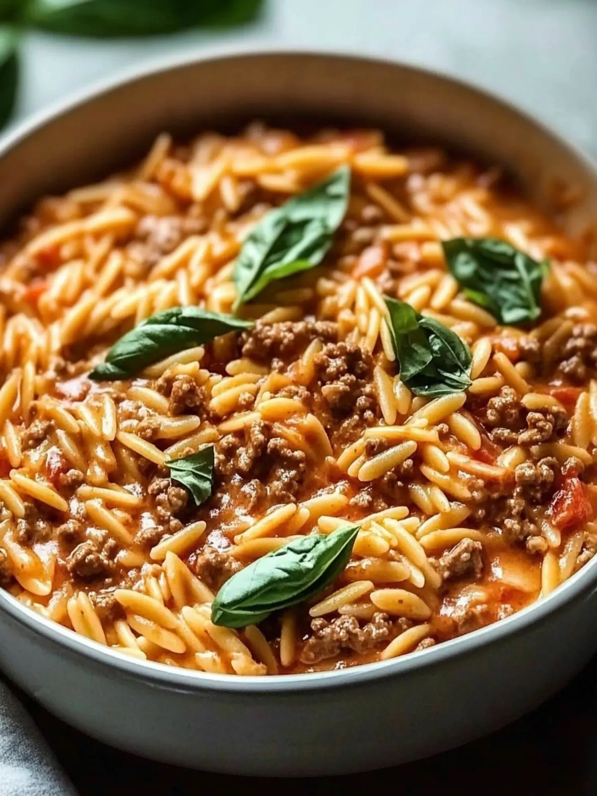 Ground Beef Orzo with Tomato Cream Sauce