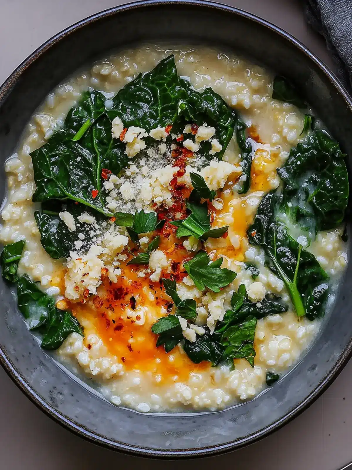 Cheesy Rice Porridge With Greens