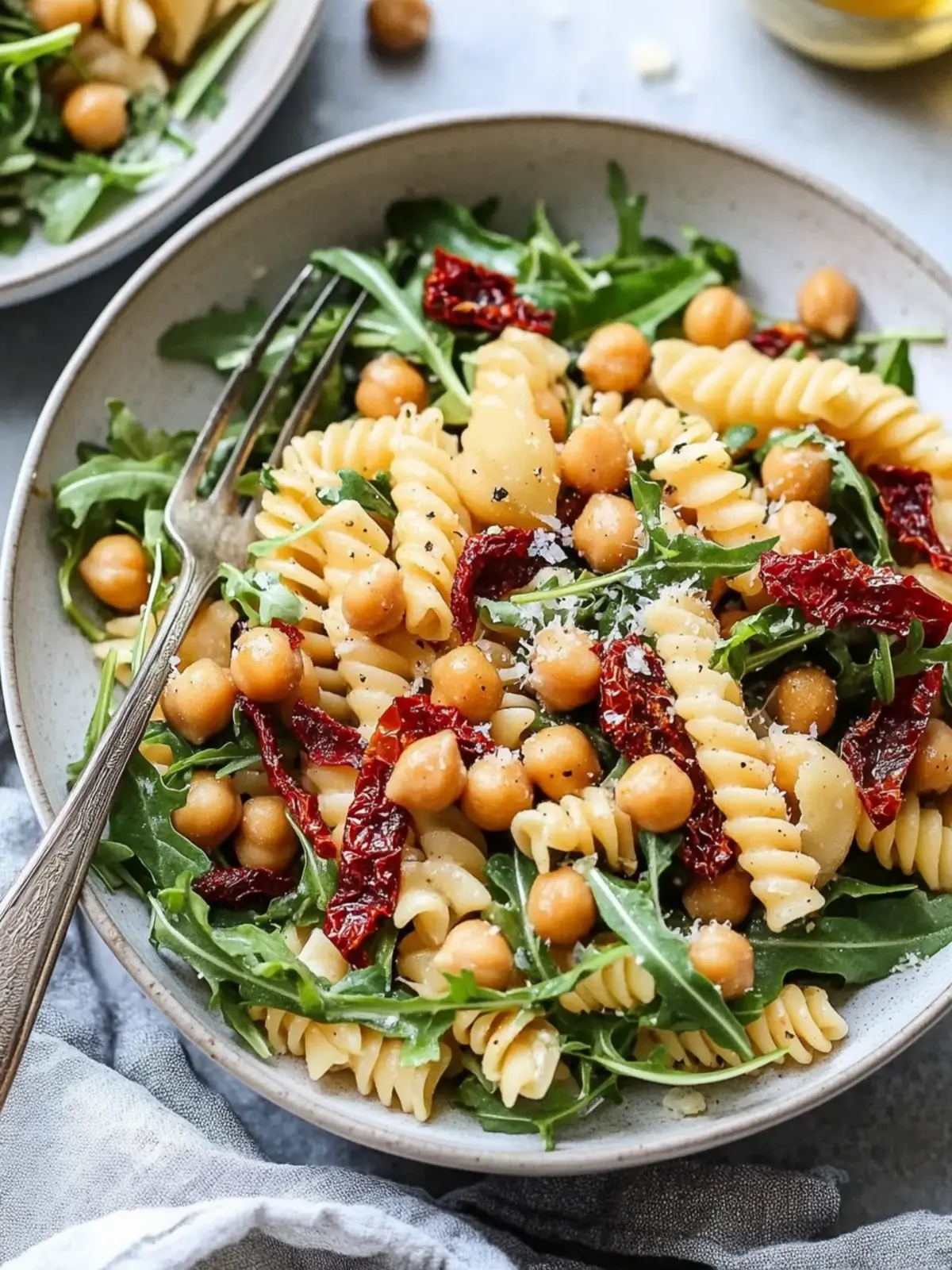 Arugula Pasta Salad with Chickpeas and Sun Dried Tomatoes (no mayo)