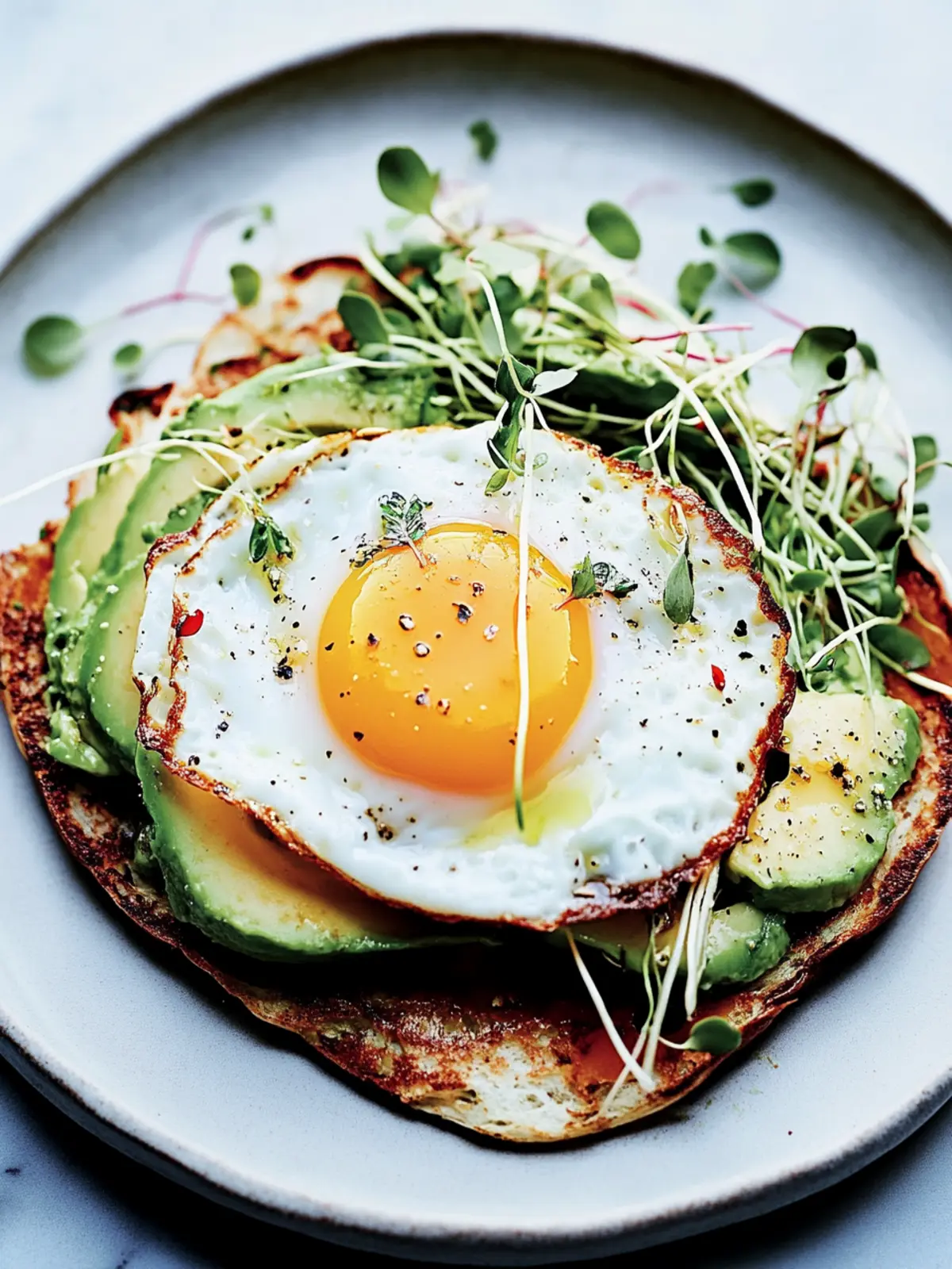 Chile-and-Olive-Oil-Fried Egg With Avocado and Sprouts