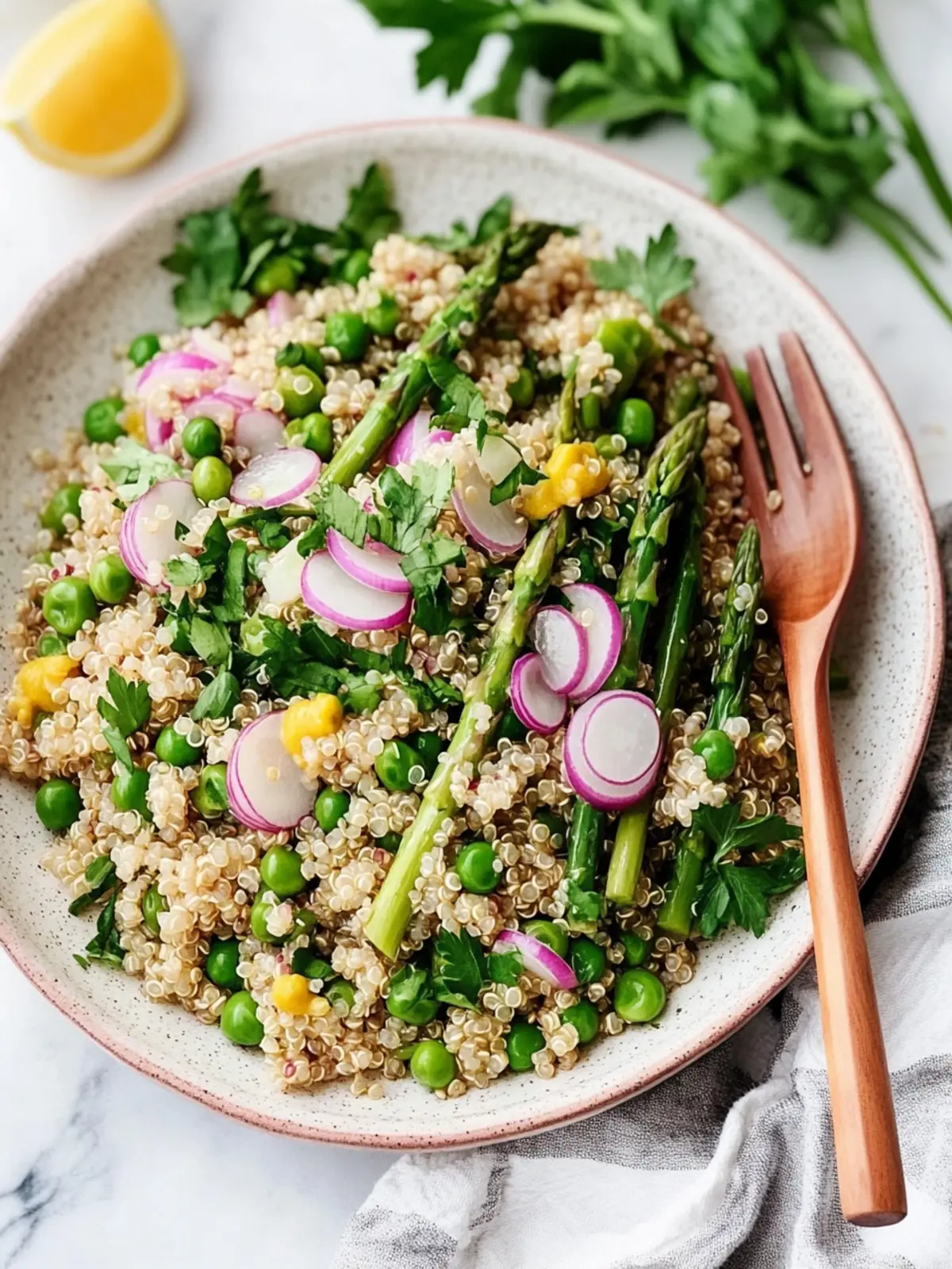 Spring Quinoa with Asparagus, Peas & Pickled Onion