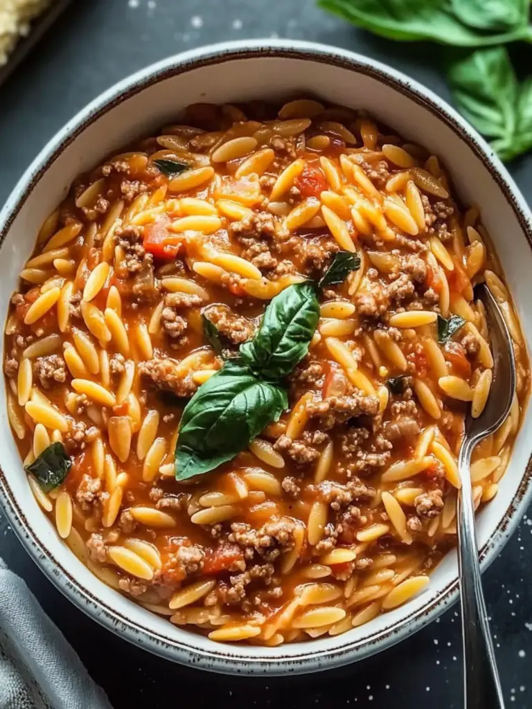Ground Beef Orzo with Tomato Cream Sauce