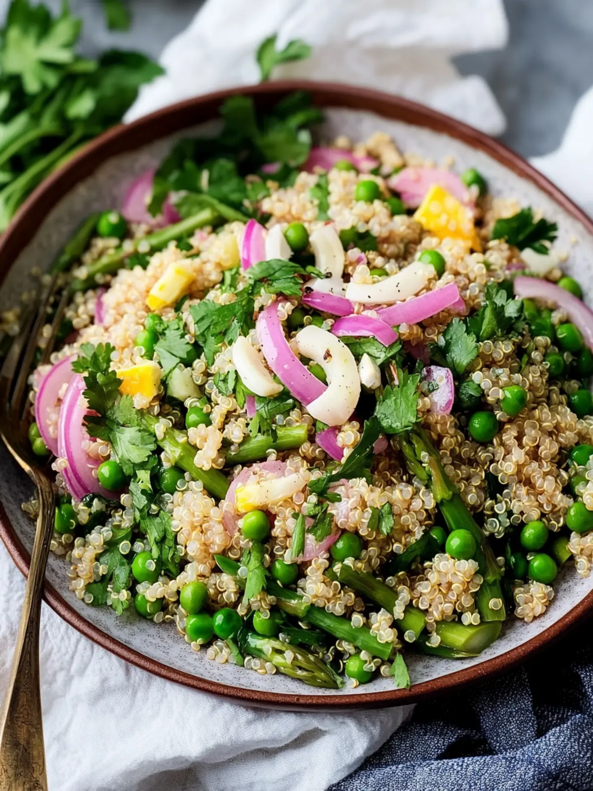 Spring Quinoa with Asparagus, Peas & Pickled Onion