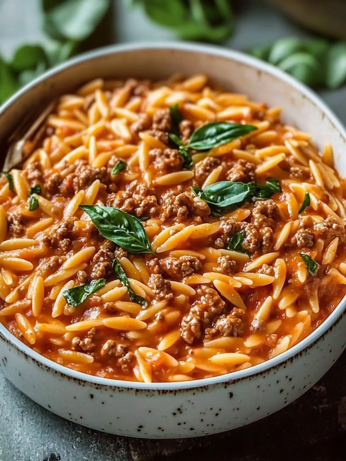 Ground Beef Orzo with Tomato Cream Sauce