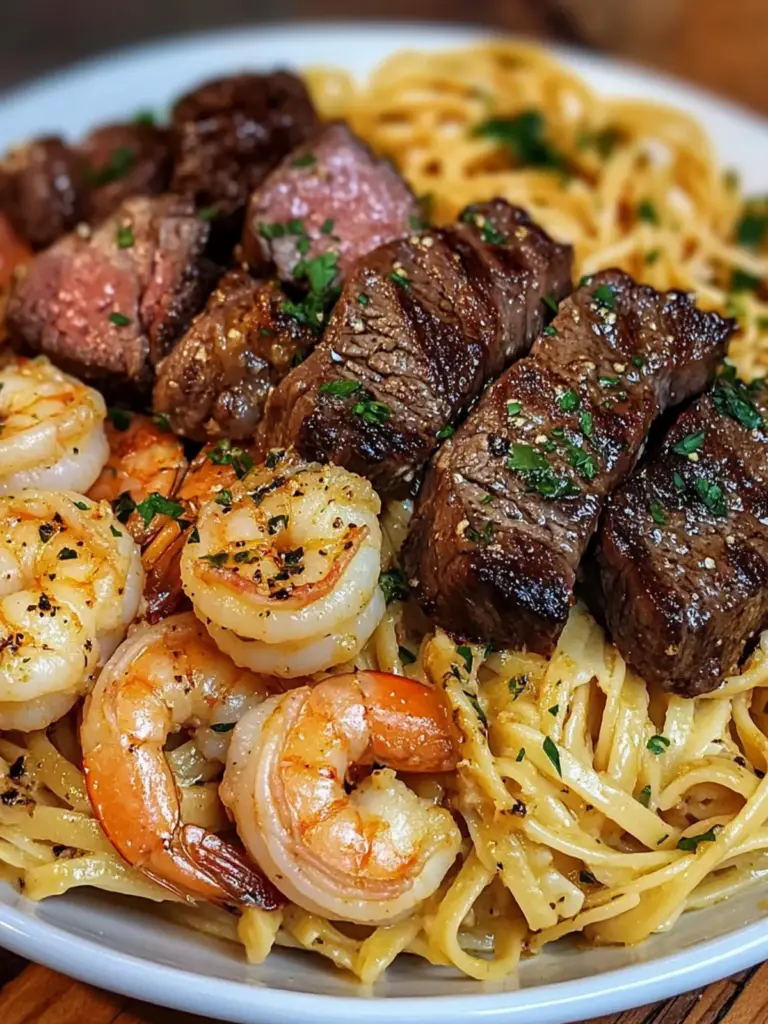 Garlic Butter Steak & Shrimp Pasta