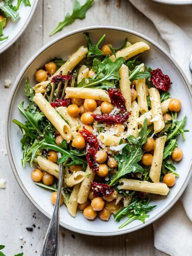 Arugula Pasta Salad with Chickpeas and Sun Dried Tomatoes (no mayo)
