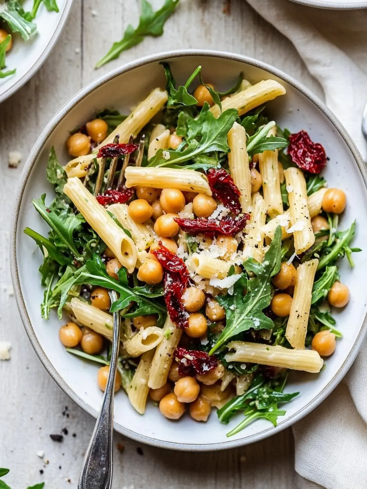 Arugula Pasta Salad with Chickpeas and Sun Dried Tomatoes (no mayo)