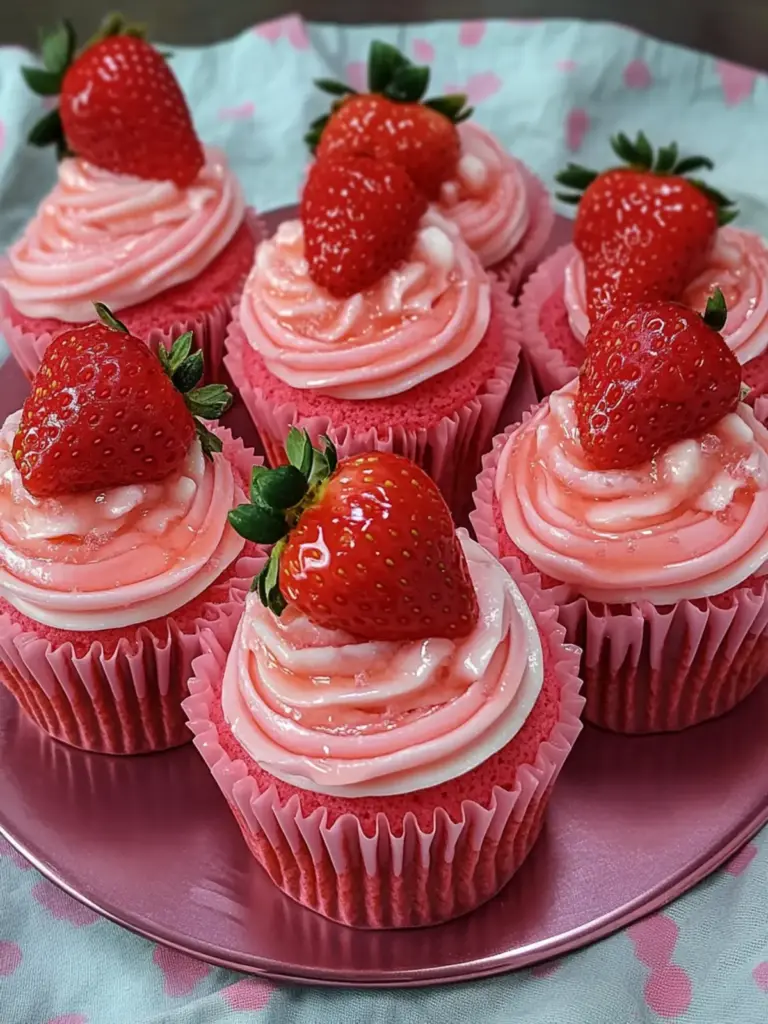 Strawberry Glazed Pink Velvet Cupcakes