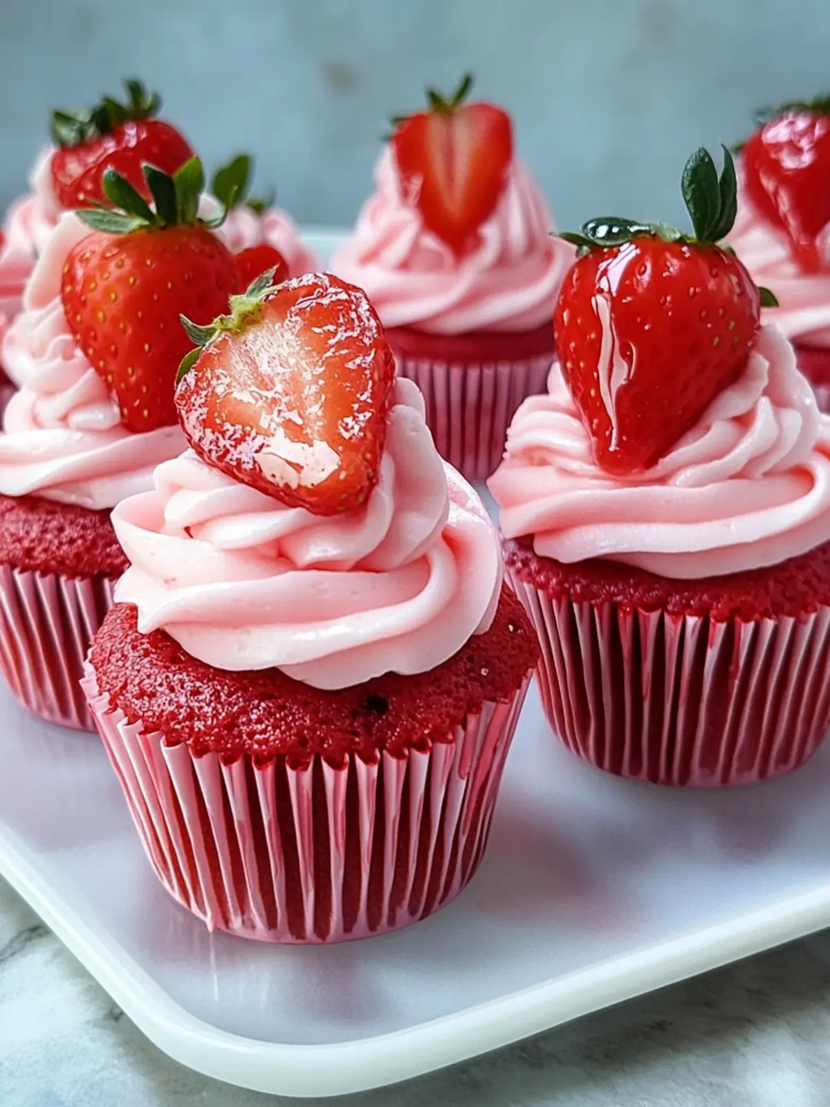 Strawberry Glazed Pink Velvet Cupcakes