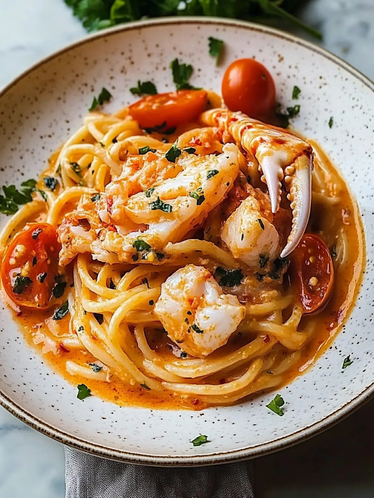 King Crab Pasta With Tomato and Ouzo Sauce