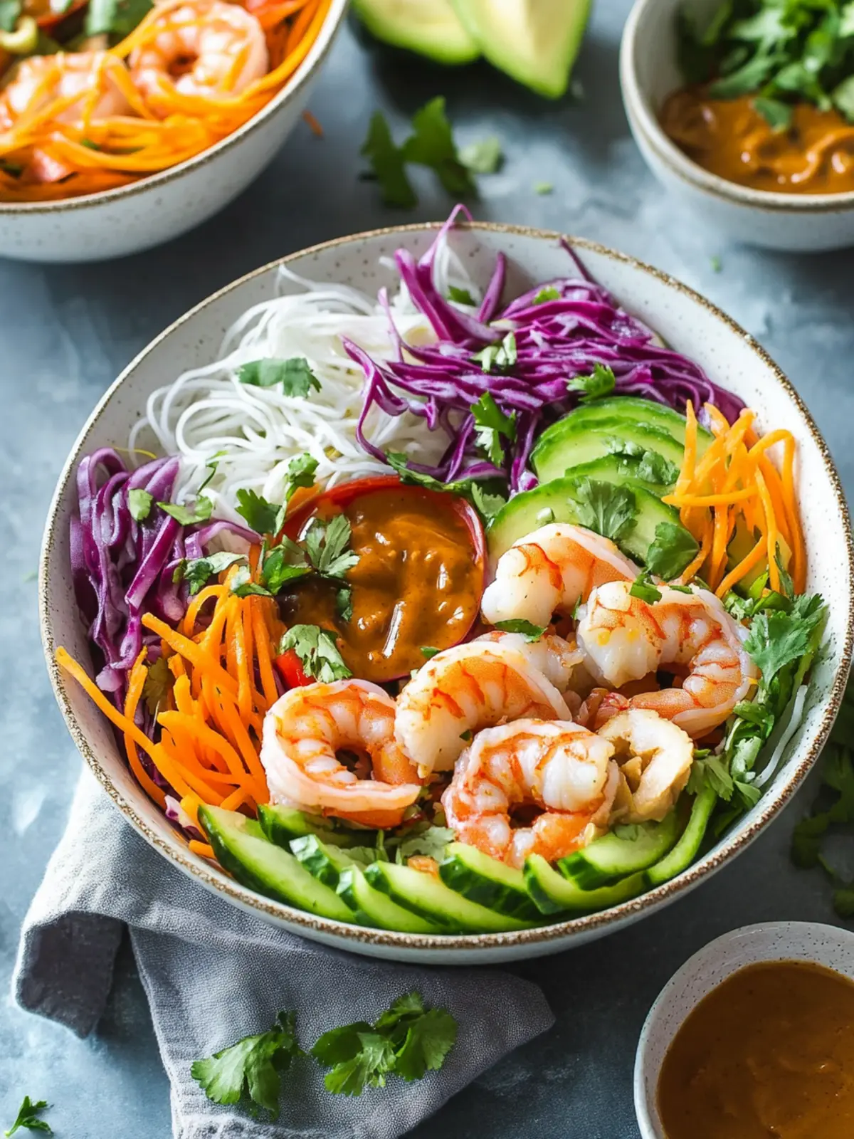 Rainbow Spring Roll Bowls with Shrimp or Chicken and Peanut Sauce