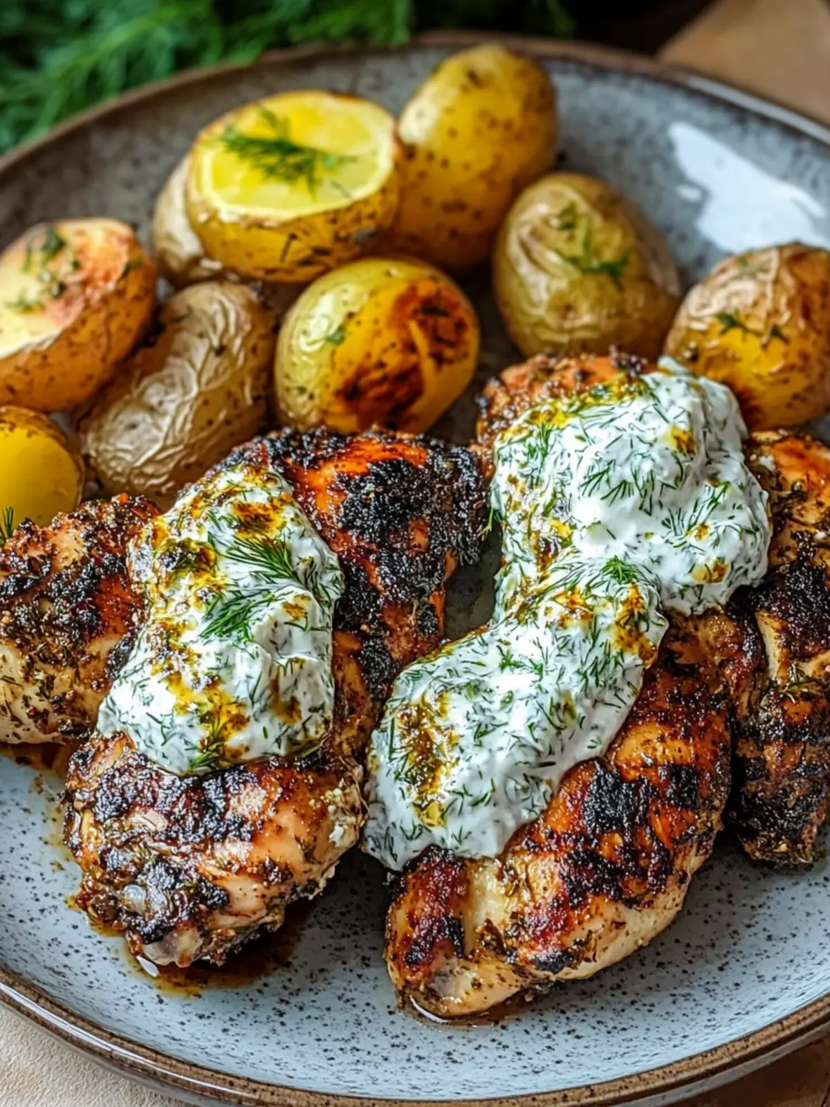 Spicy Yogurt Marinated Chicken with Dill Feta Cream & Crispy Baby Potatoes