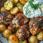 Spicy Yogurt Marinated Chicken with Dill Feta Cream & Crispy Baby Potatoes
