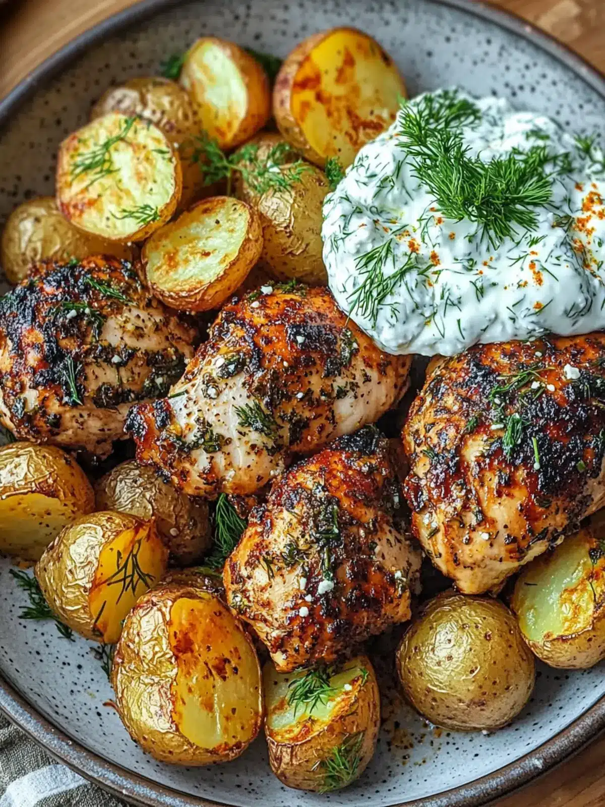 Spicy Yogurt Marinated Chicken with Dill Feta Cream & Crispy Baby Potatoes
