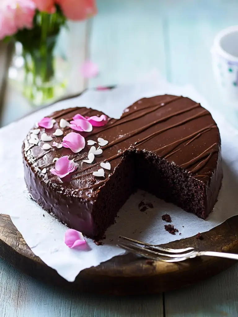 Moist chocolate cake in the shape of a heart for mother's day