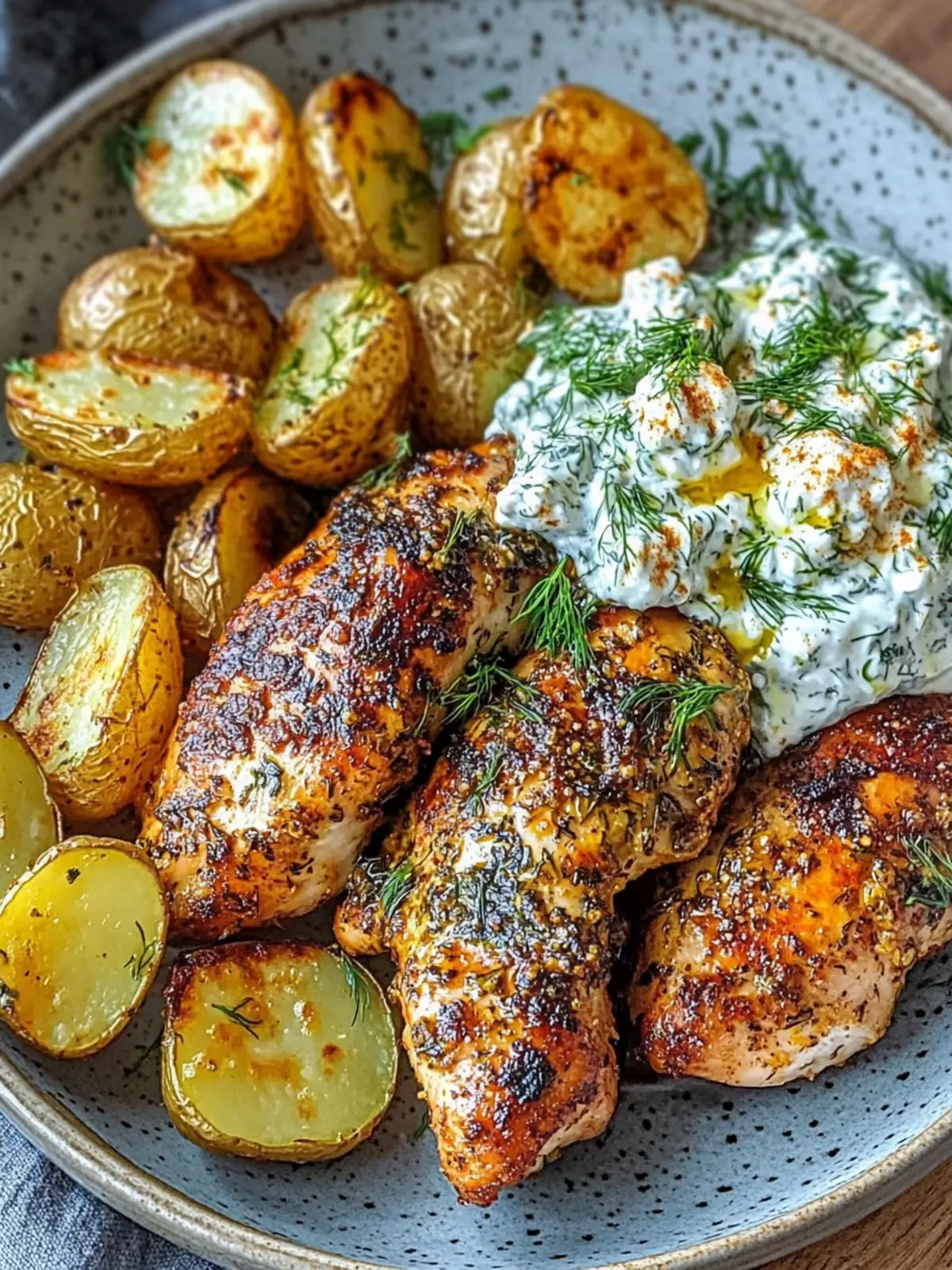 Spicy Yogurt Marinated Chicken with Dill Feta Cream & Crispy Baby Potatoes