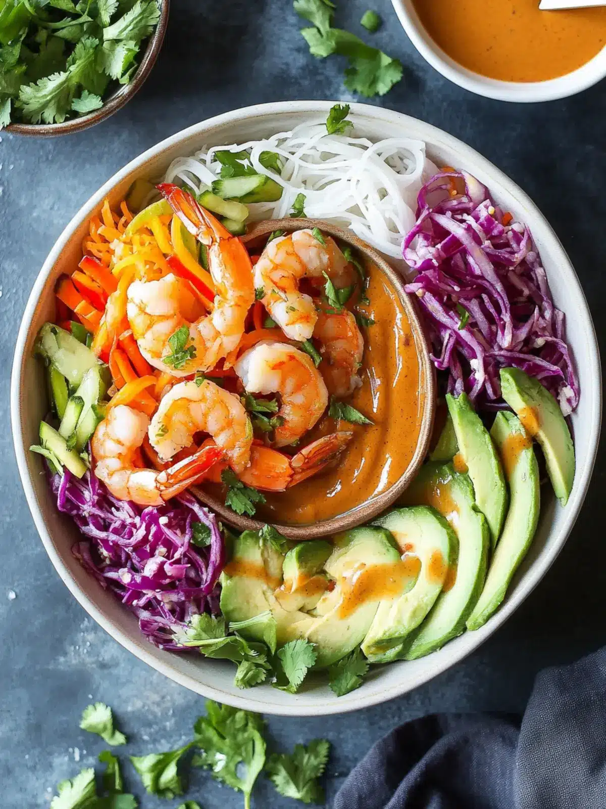 Rainbow Spring Roll Bowls with Shrimp or Chicken and Peanut Sauce