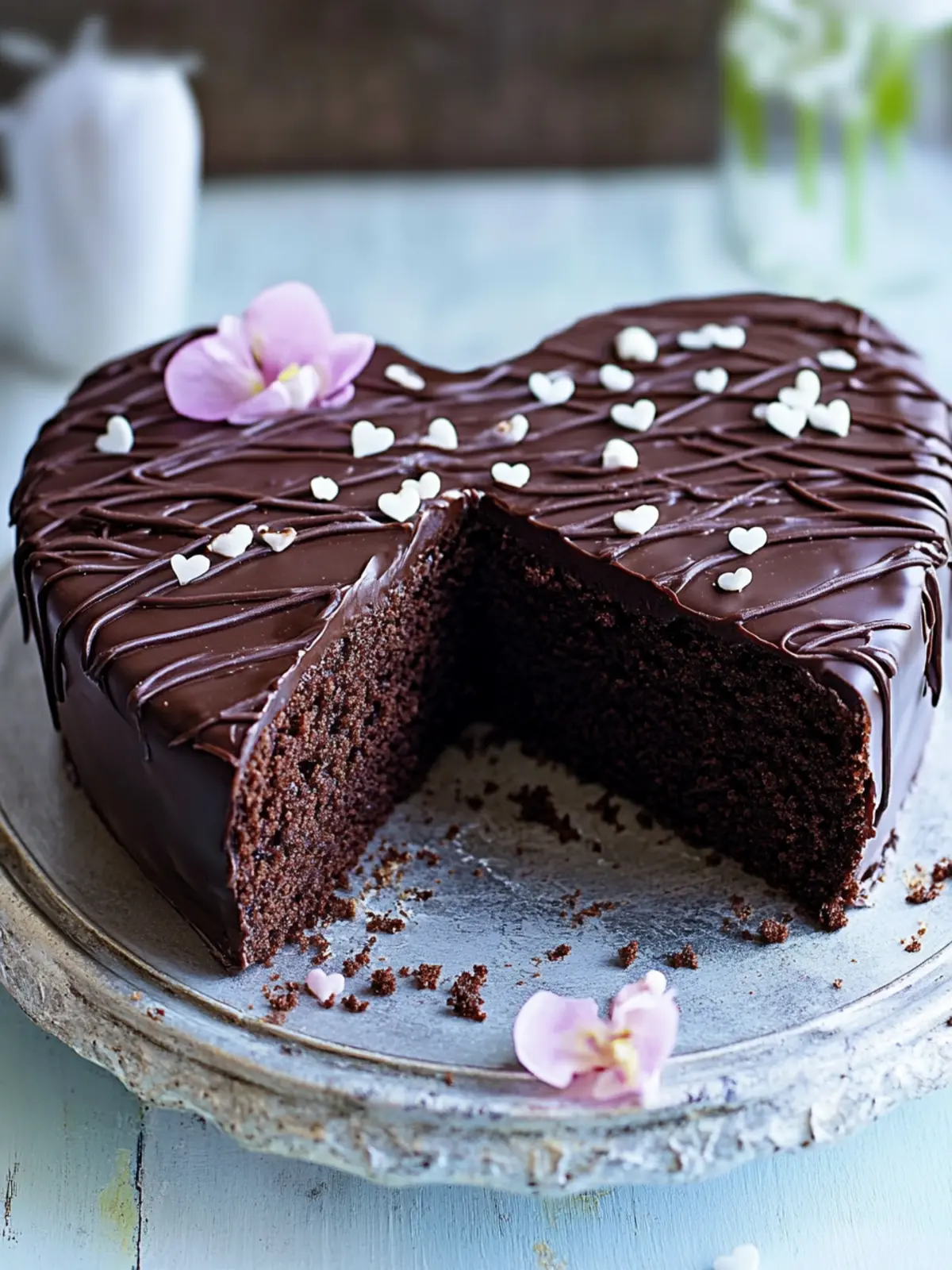 Moist chocolate cake in the shape of a heart for mother's day