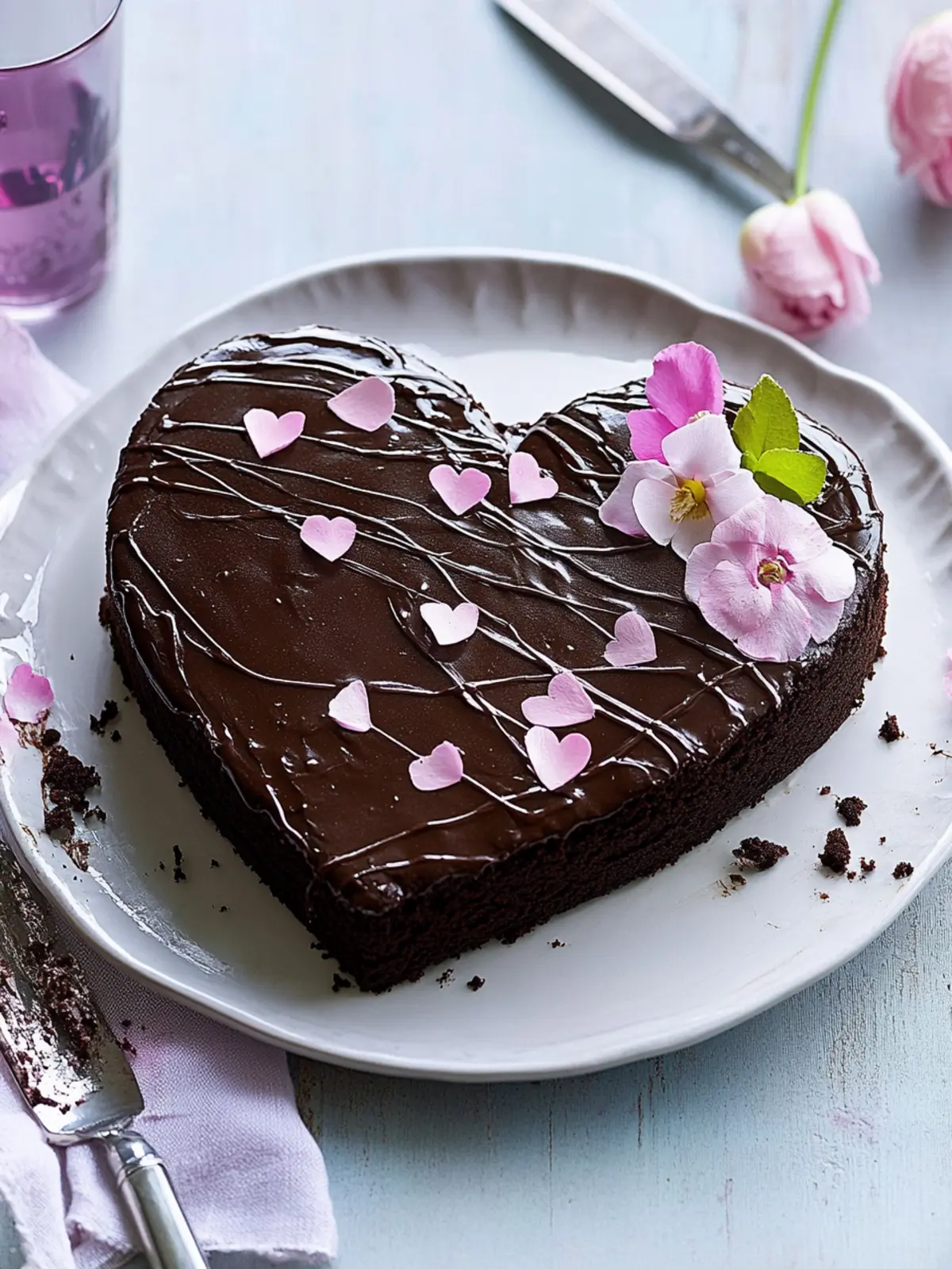 Moist chocolate cake in the shape of a heart for mother's day