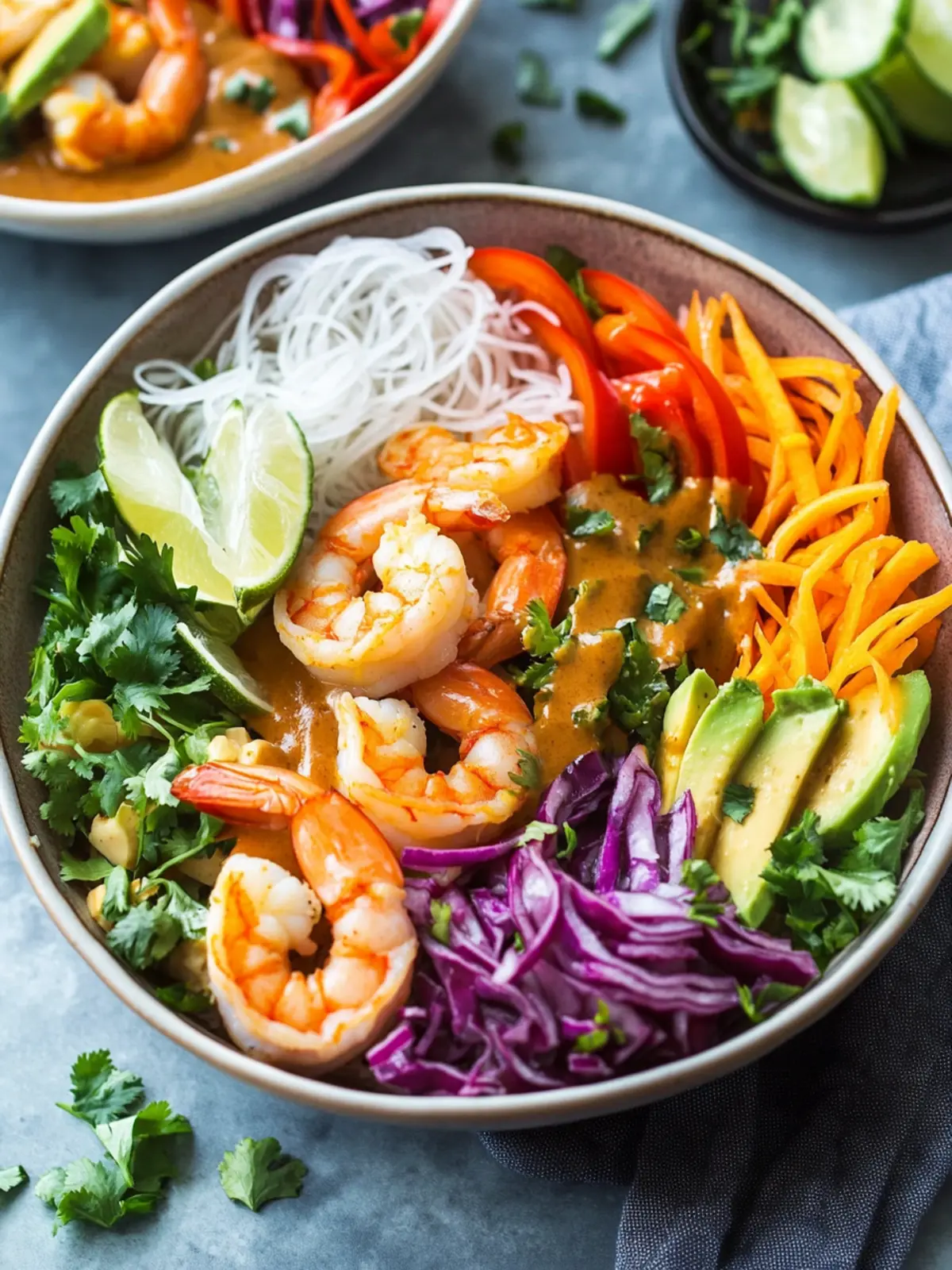 Rainbow Spring Roll Bowls with Shrimp or Chicken and Peanut Sauce