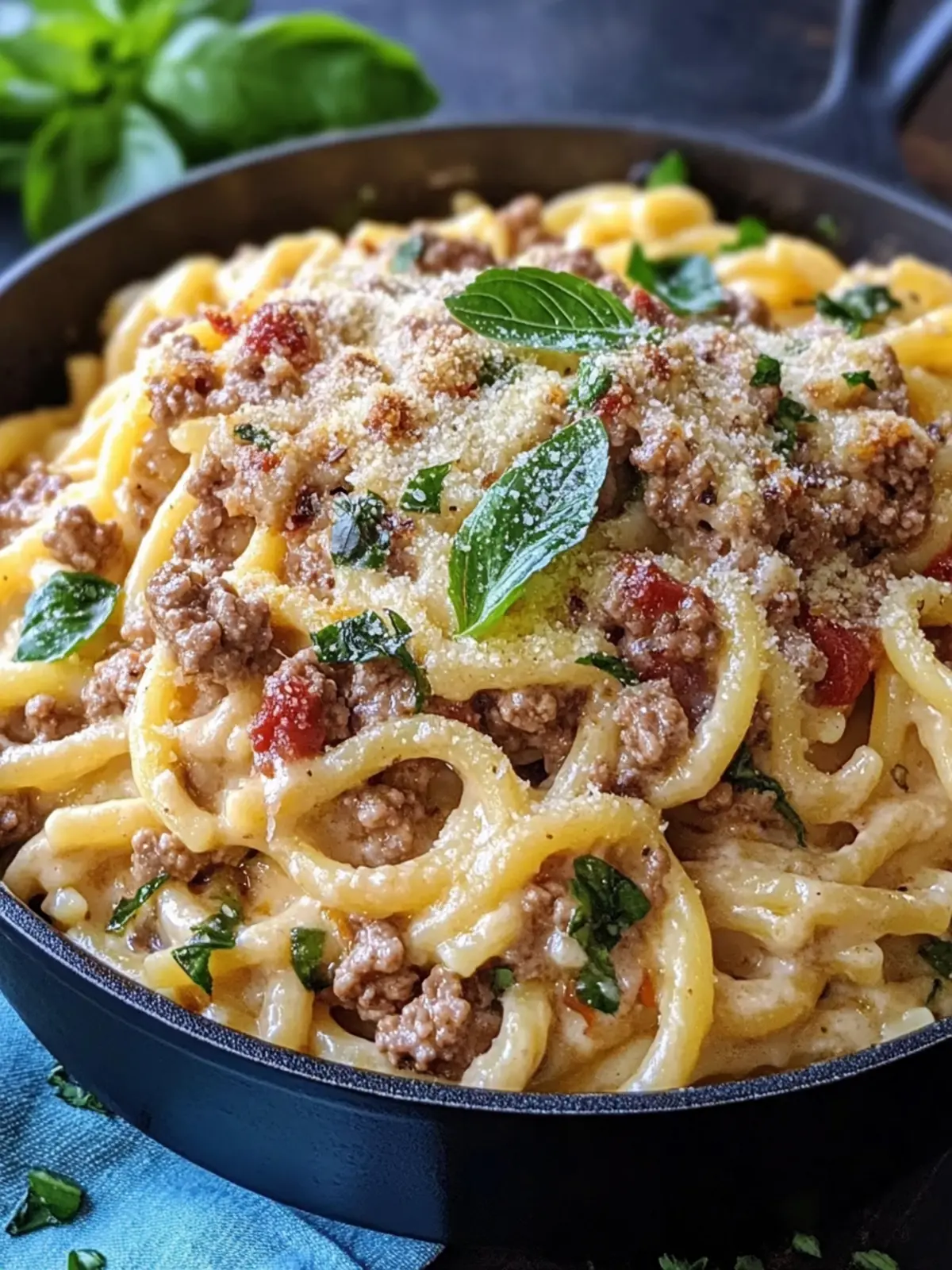 Creamy One-Pot Tuscan Ground Beef Pasta