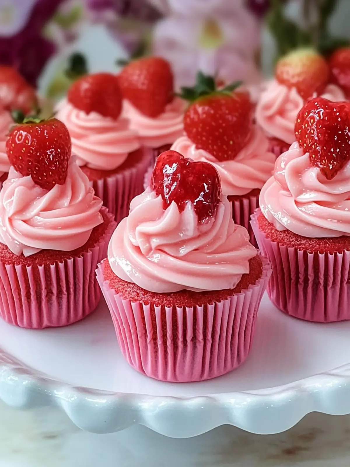 Strawberry Glazed Pink Velvet Cupcakes