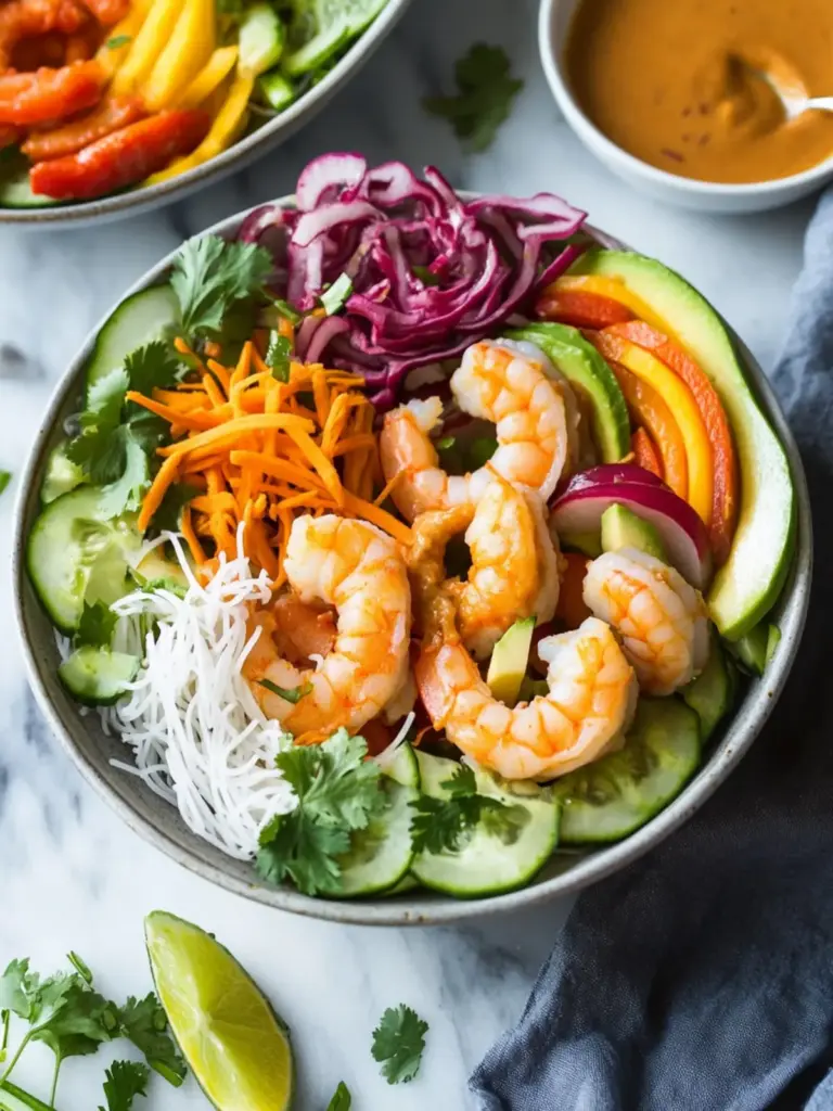 Rainbow Spring Roll Bowls with Shrimp or Chicken and Peanut Sauce