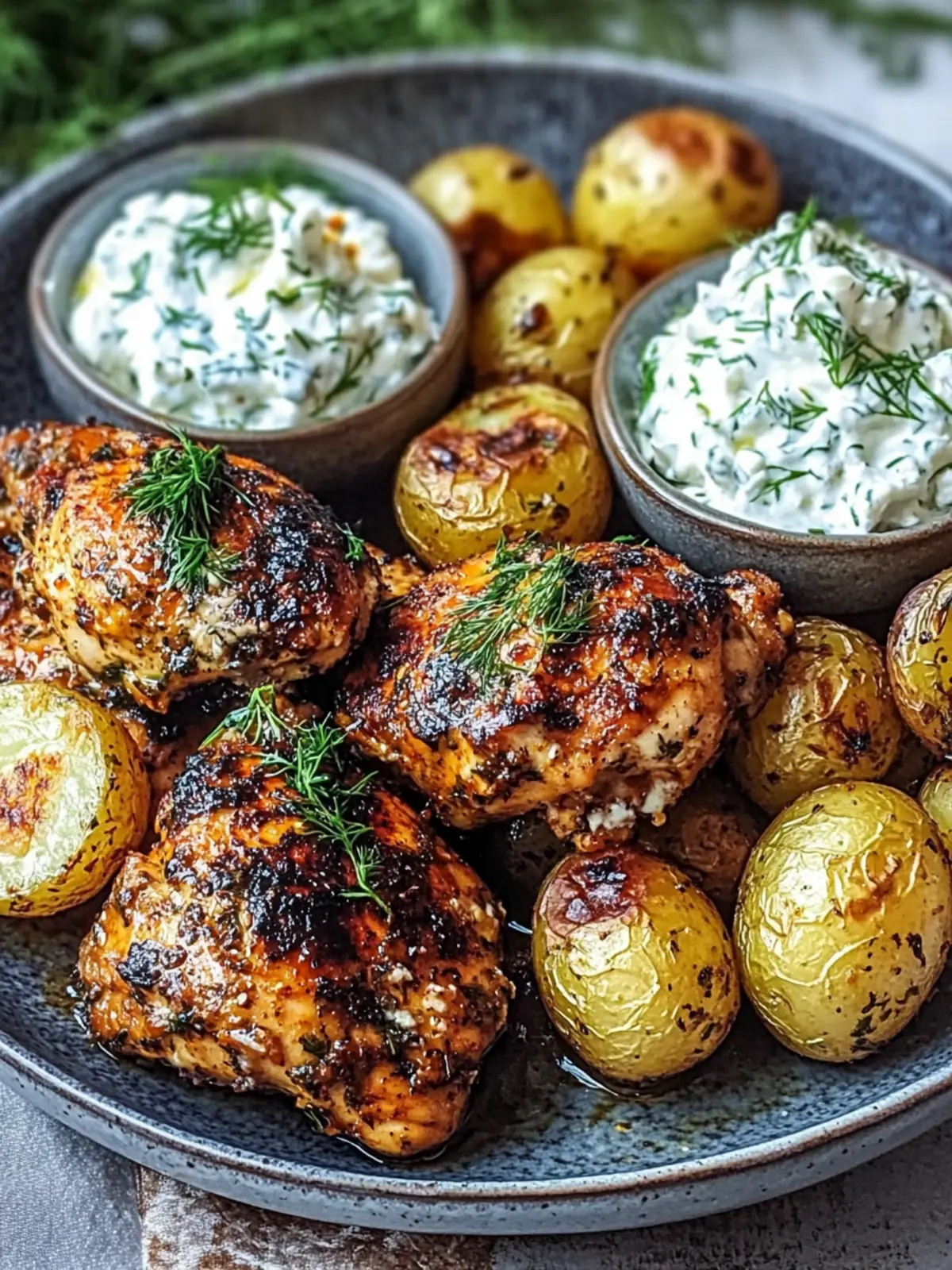 Spicy Yogurt Marinated Chicken with Dill Feta Cream & Crispy Baby Potatoes