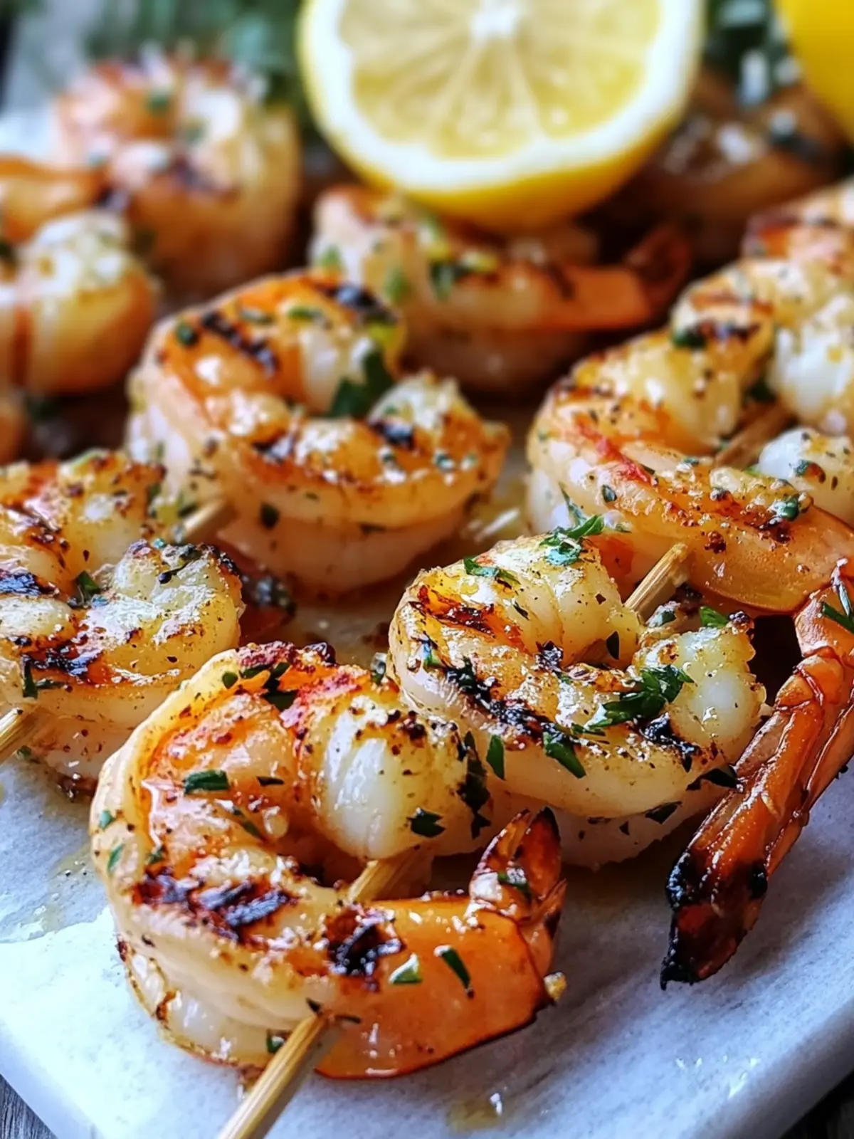 Grilled Shrimp Skewers in Zesty Lemon Garlic Marinade Delight 3 Grilled Shrimp Skewers- Zesty Lemon Garlic Marinade