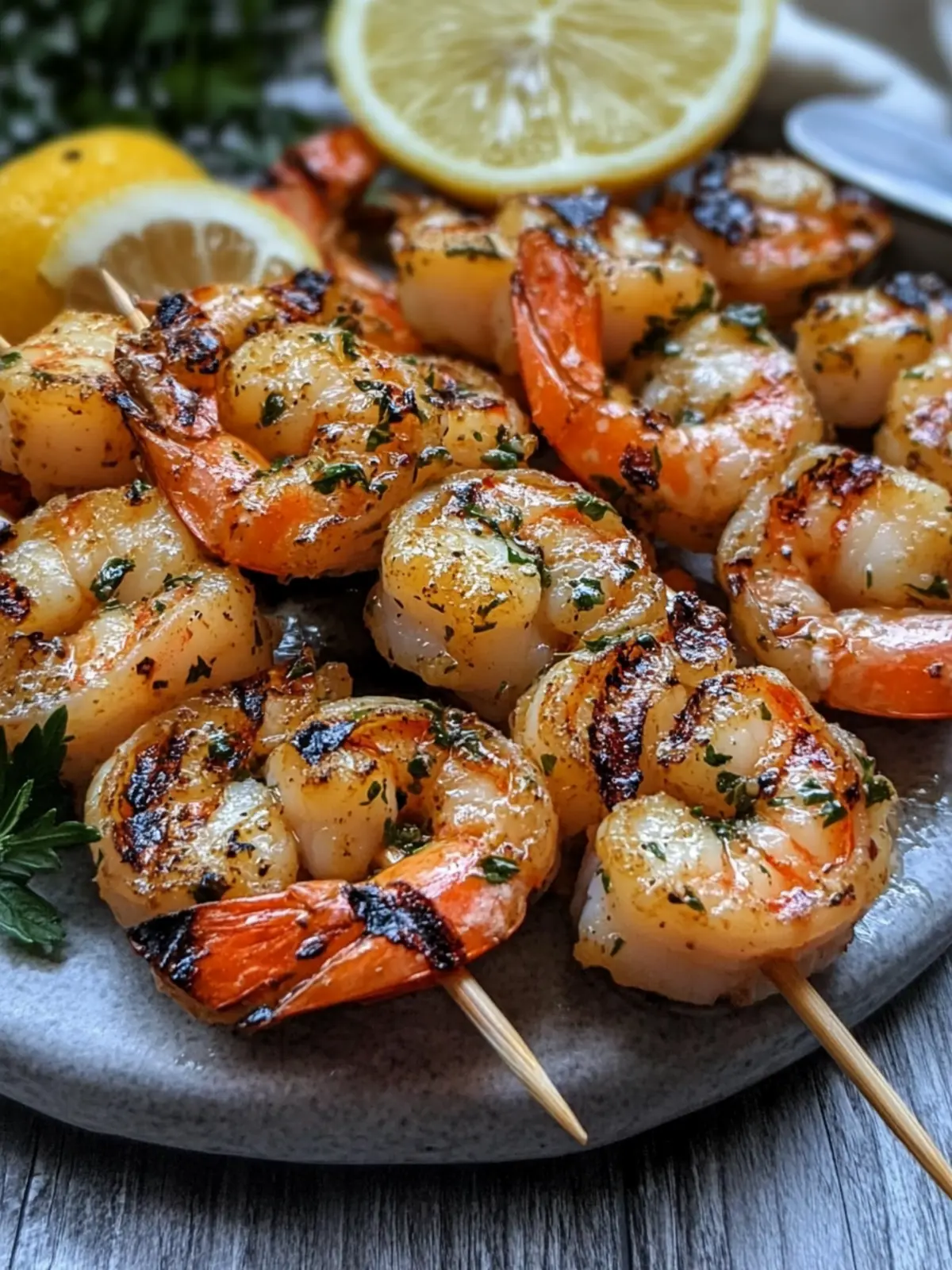 Grilled Shrimp Skewers in Zesty Lemon Garlic Marinade Delight 2 Grilled Shrimp Skewers- Zesty Lemon Garlic Marinade