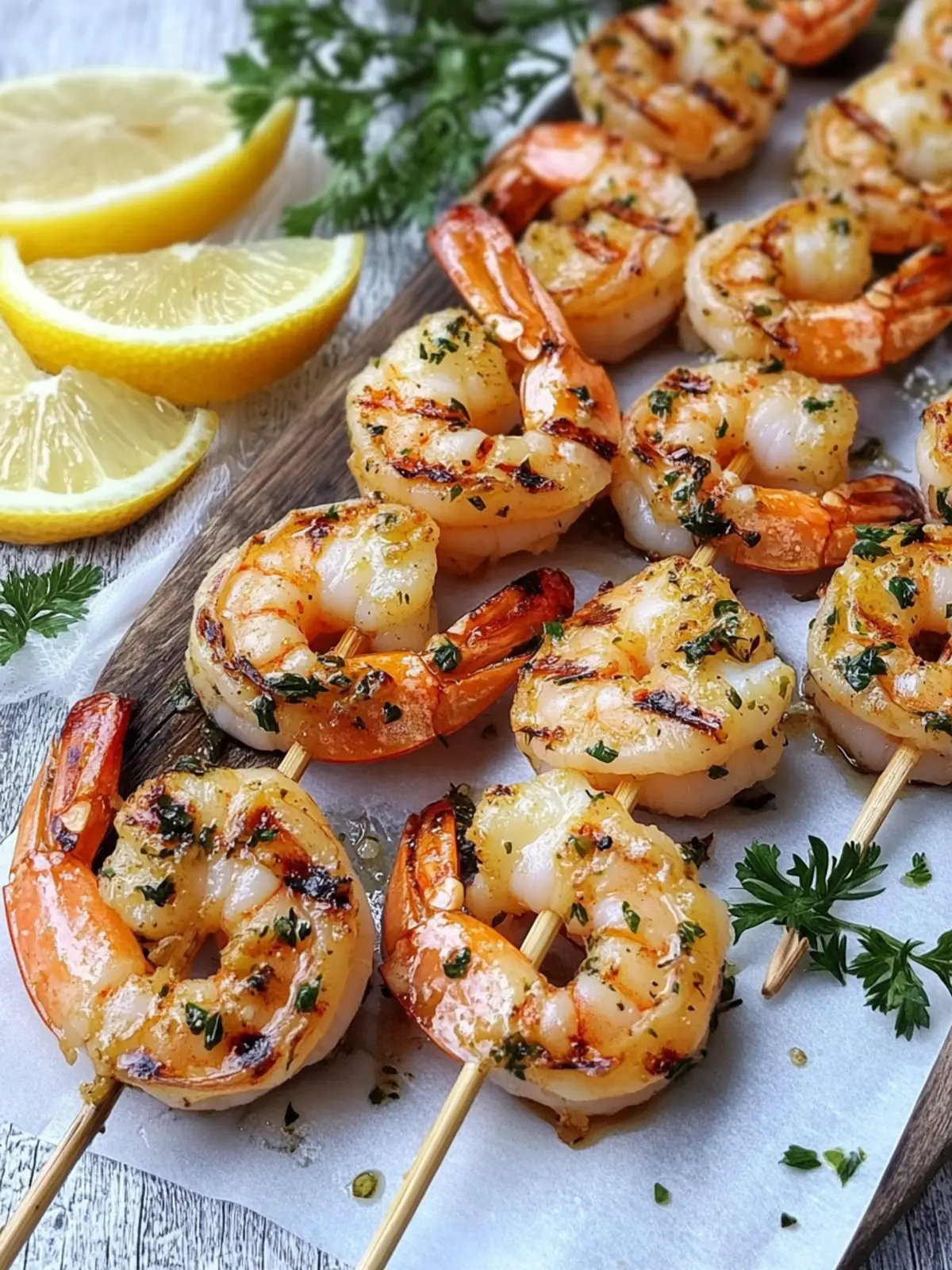 Grilled Shrimp Skewers in Zesty Lemon Garlic Marinade Delight 4 Grilled Shrimp Skewers- Zesty Lemon Garlic Marinade